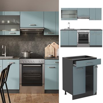 Livinity® Küchenzeile R-Line, Blau-Grau/Anthrazit, 200 cm, AP Anthrazit