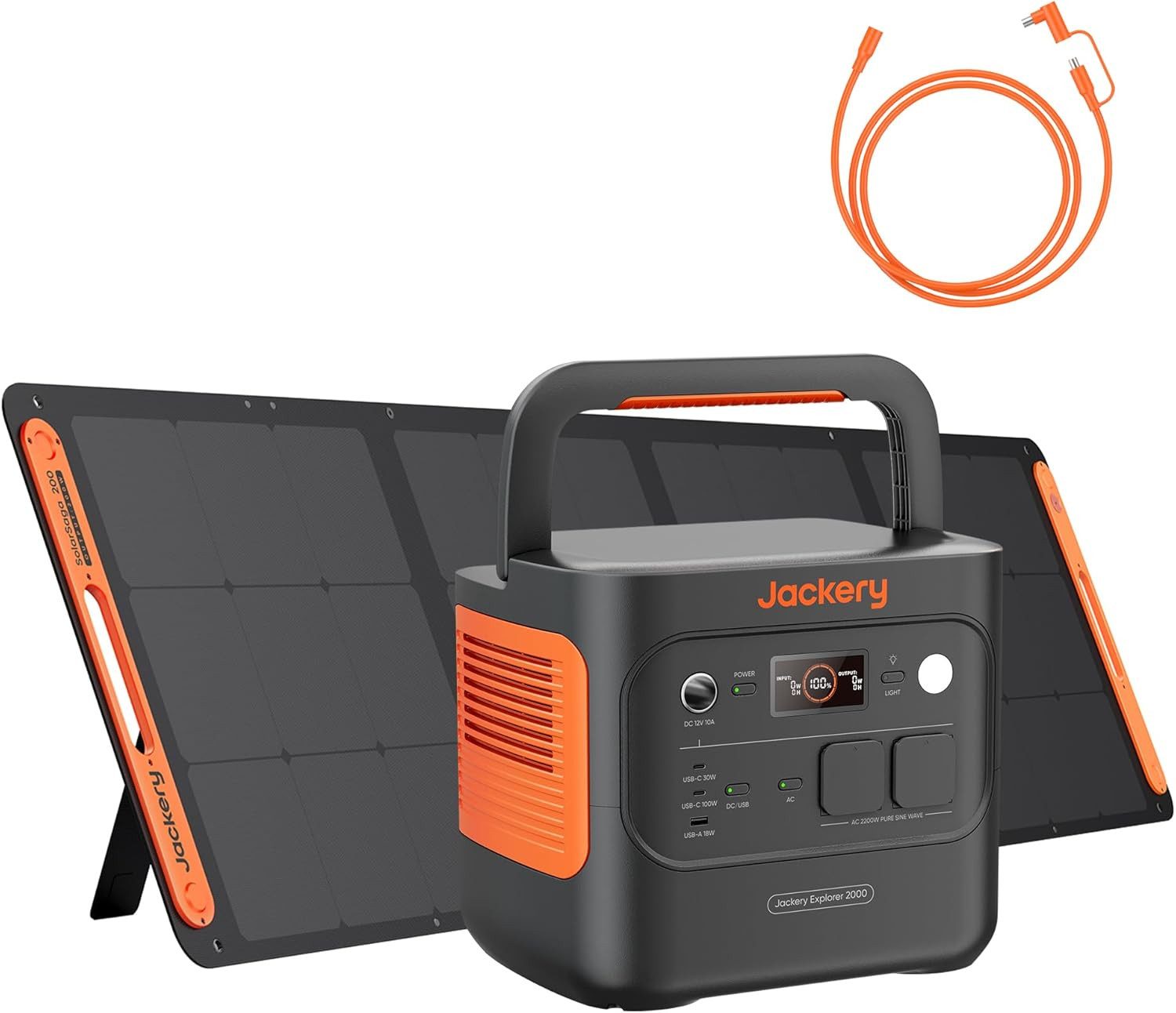 Jackery Stromerzeuger E2000 v2 Tragbare Powerstation mit 200W Solarpanel mit 5M Kabel, 4,4 in kW, 2042Wh/2200W Solargenerator LiFePO4 Schnellladung für Camping, Notfall