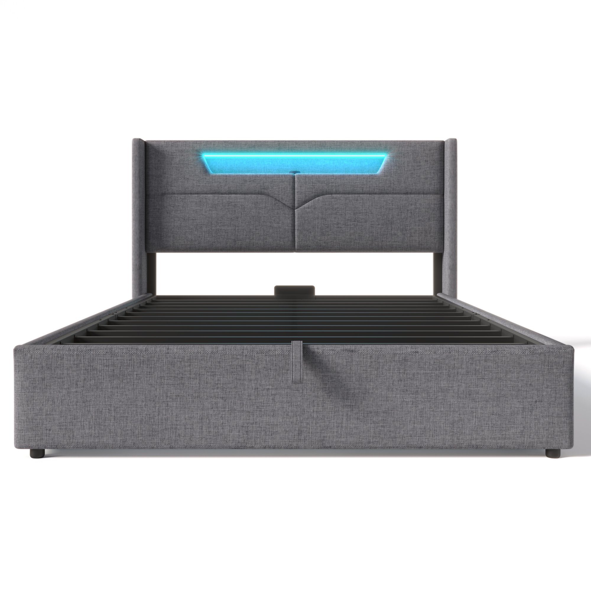 Polsterbett (Hydraulisches Bett mit Lattenrost und LED-Beleuchtung), Stauraumbett mit USB Typ C Ladefunktion Kopfteil, Leinen, 140x200cm