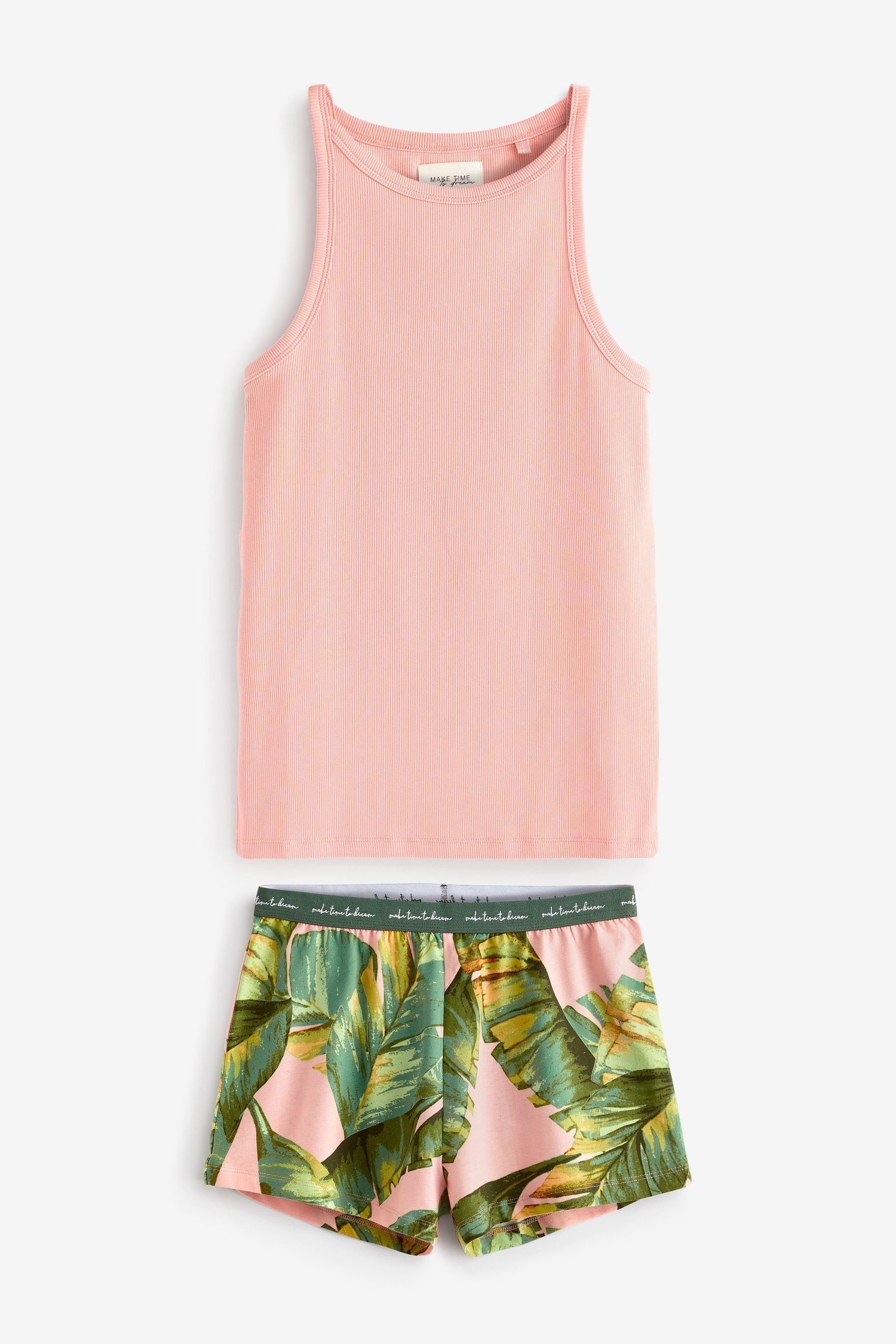 Next Pyjama Schlafanzug mit Ripp-Trägertop und Shorts, Petite (2 tlg) Pink Palm