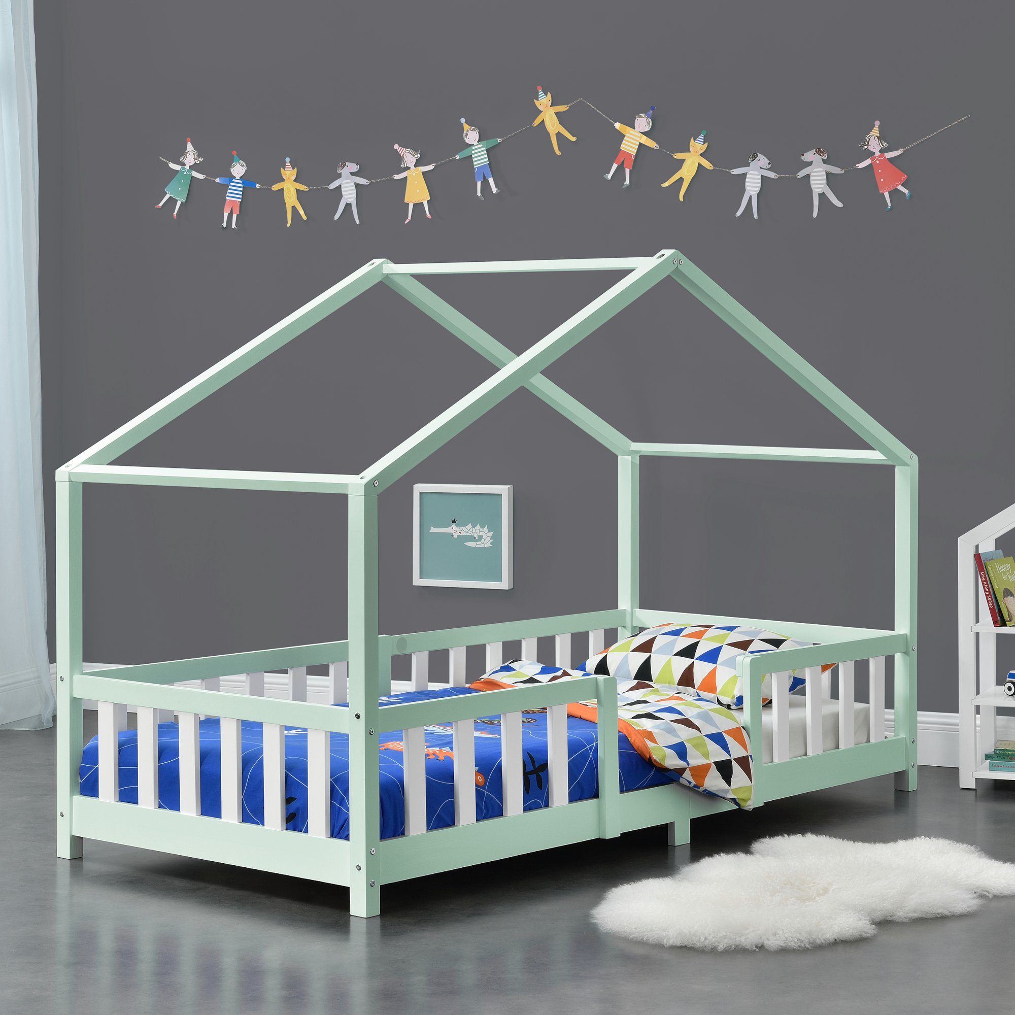 en.casa Kinderbett, »Treviolo« Haus-Optik Montessori 90x200 cm Mintgrün/Wei günstig online kaufen