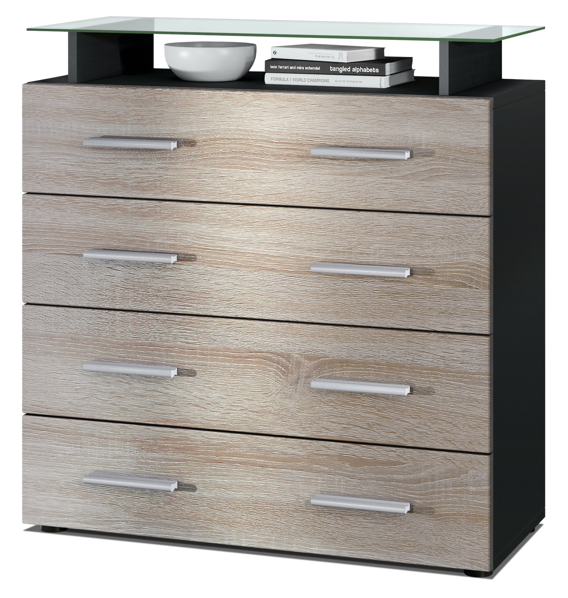 Vladon Kommode Pavos V2 (Kommode, mit 4 Schubladen und Glasablage), Schwarz matt/Eiche sägerau (76 x 81 x 35 cm)