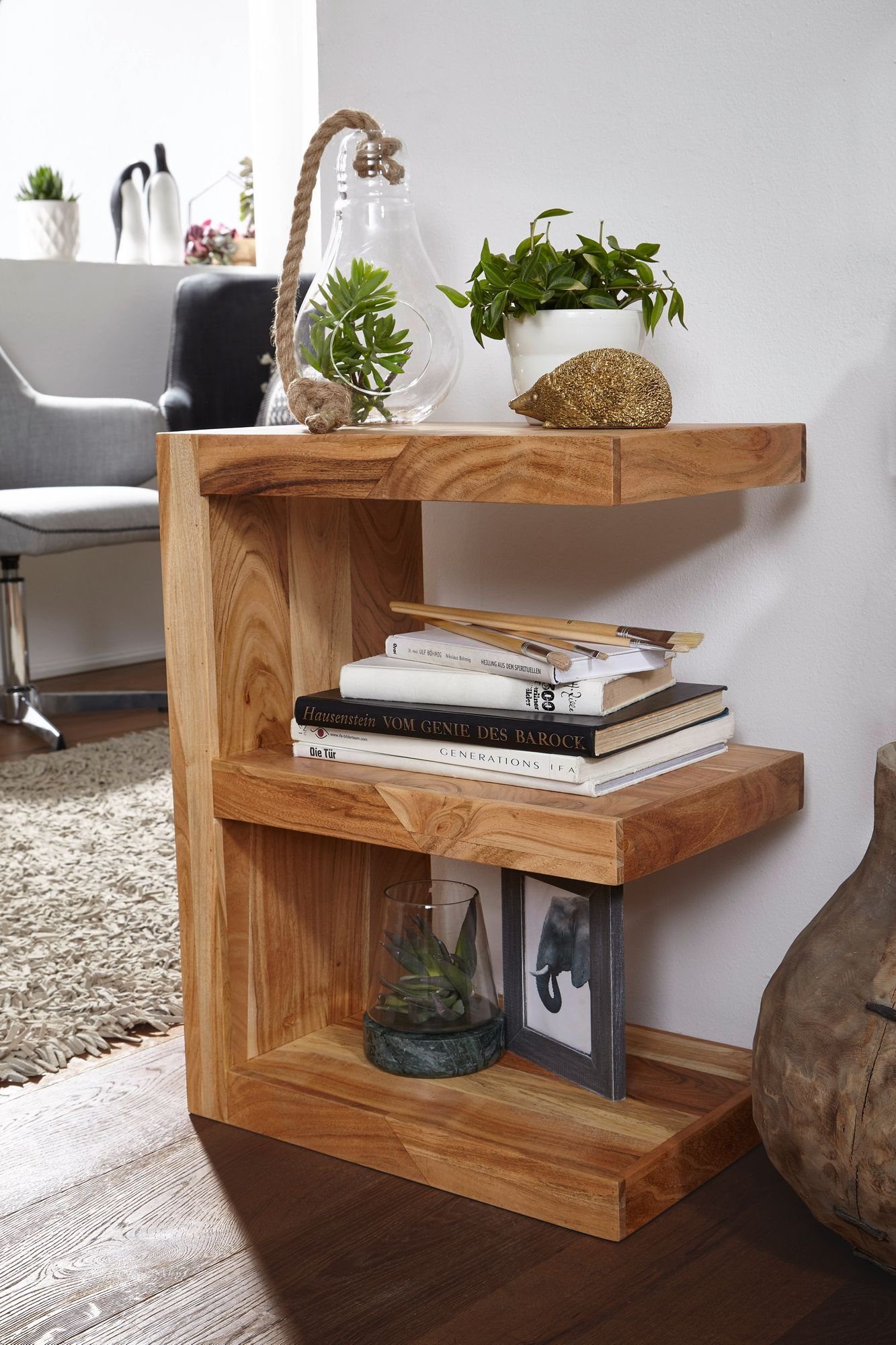 lovingHome® Beistelltisch Akazie Massivholz Beistelltisch mit Ablage 44x 30 x 60 cm (1 Stück), Extravagante "E"" Form