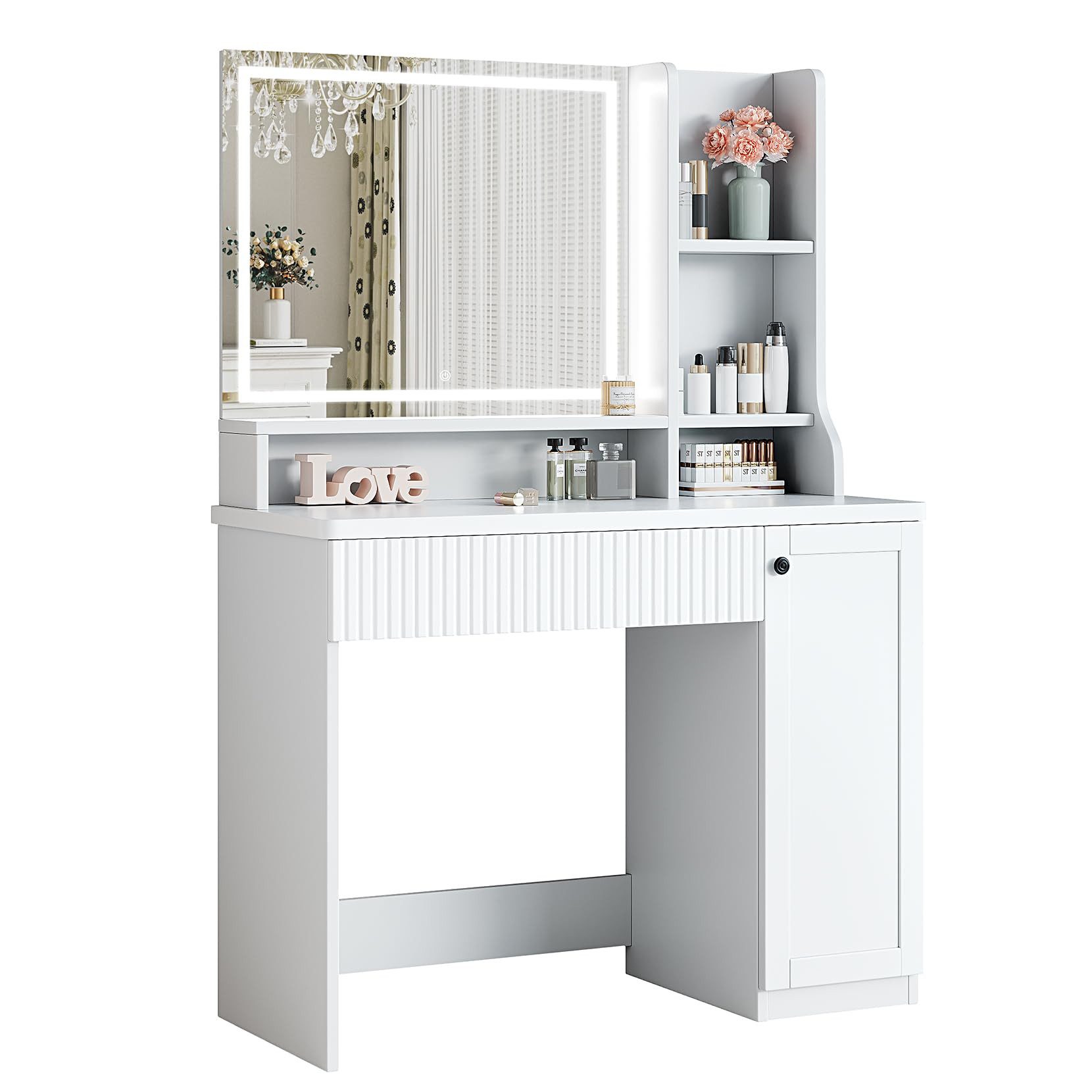 Schminktisch Schminktisch mit Spiegel, LED und Schubladen, weiß/braun