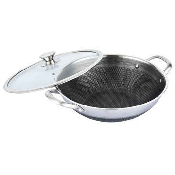 4BIG.fun Wok Wokpfanne mit Glasdeckel Wok 32 cm Asia Induktion, Edelstahl, abnehmbarer Griff, Induktion