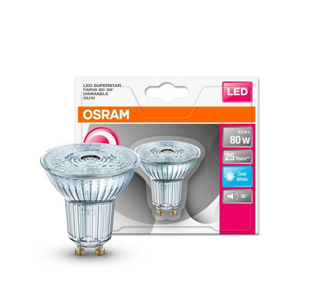 Osram Osram LED GU10 PAR16 8W = 80W Glas 36° 575lm Kaltweiß 4000K DIMMBAR  LED-Leuchtmittel, GU10, Kaltweiß