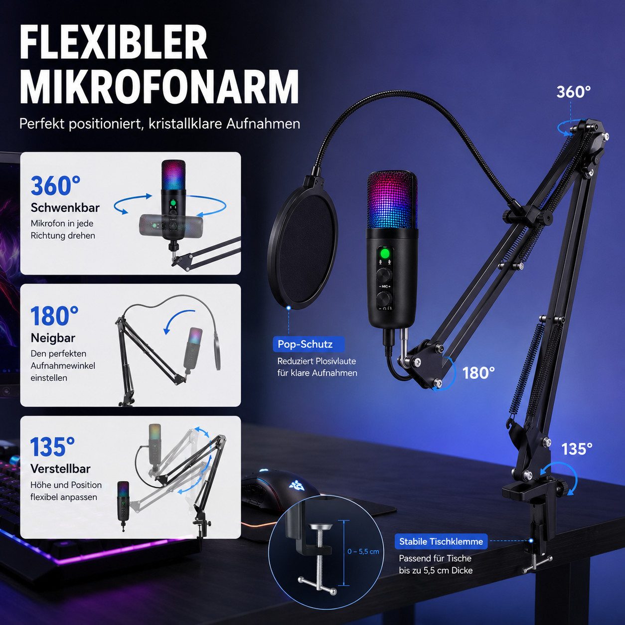 Fyrove Streaming-Mikrofon RGB USB Mikrofon Set 7-tlg.–Kondensator Streaming Mikrofon (für Gaming, Podcast & PC mit Geräuschreduzierung), Stummschaltung, Kopfhör – Bild 4 von 5