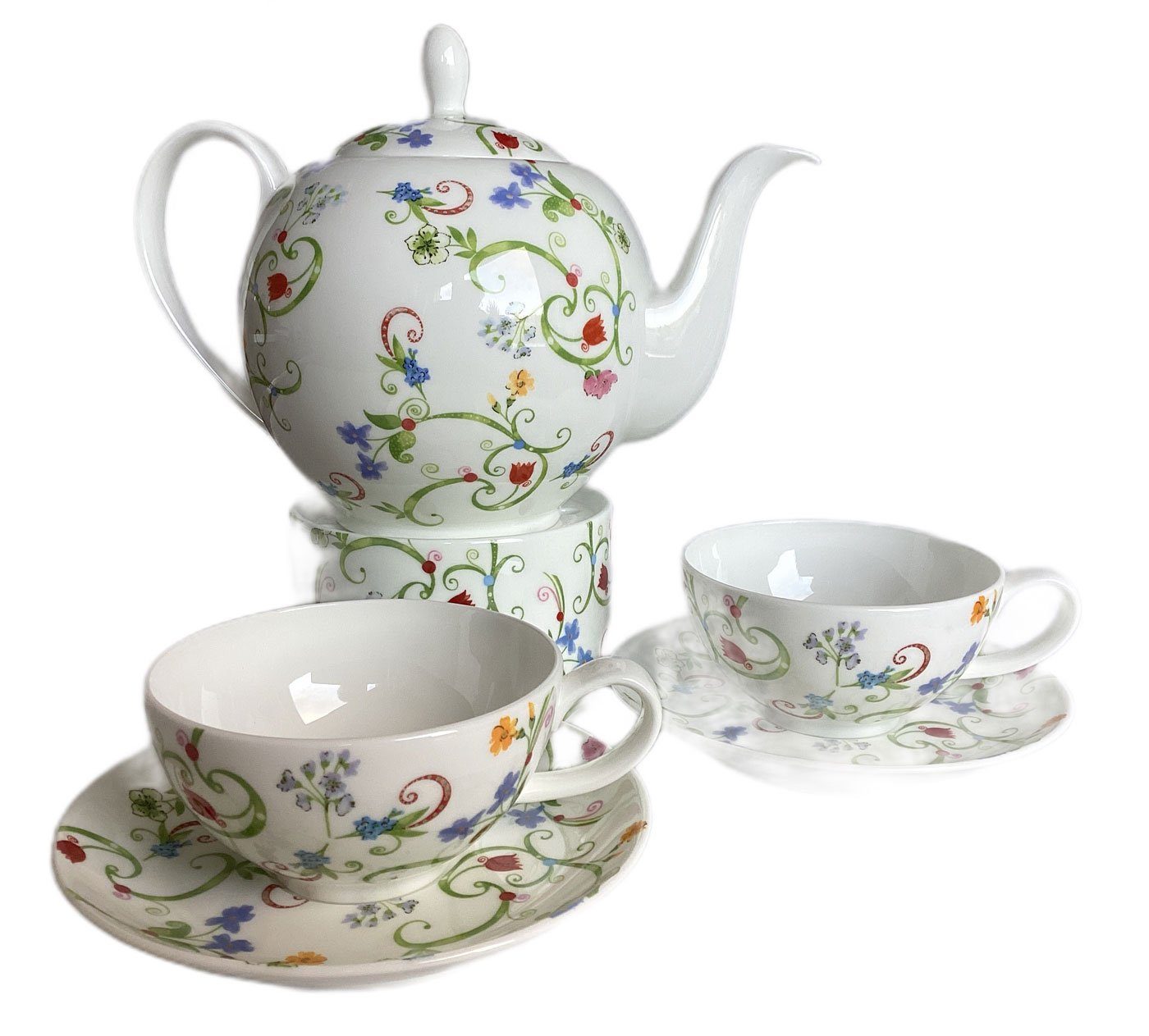 Dekomiro Teeservice TeaLogic Fleurtte 6 teil. Teeservice Teekanne mit Stövchen 2 Tasse (6-tlg), Porzellan