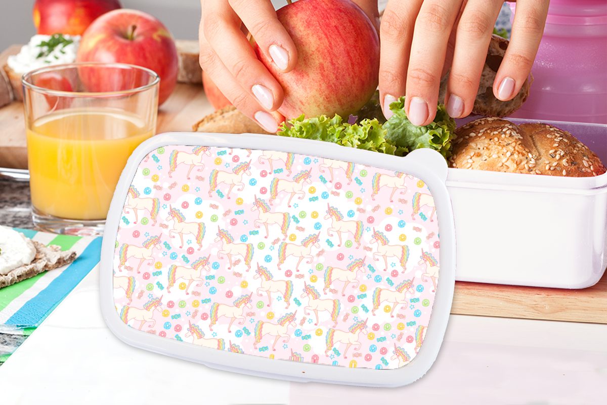 MuchoWow Lunchbox Einhorn und Mädchen für - und Erwachsene, (2-tlg), für Bonbon Brotbox Jungs Brotdose, Kunststoff, Kinder - Regenbogen, weiß
