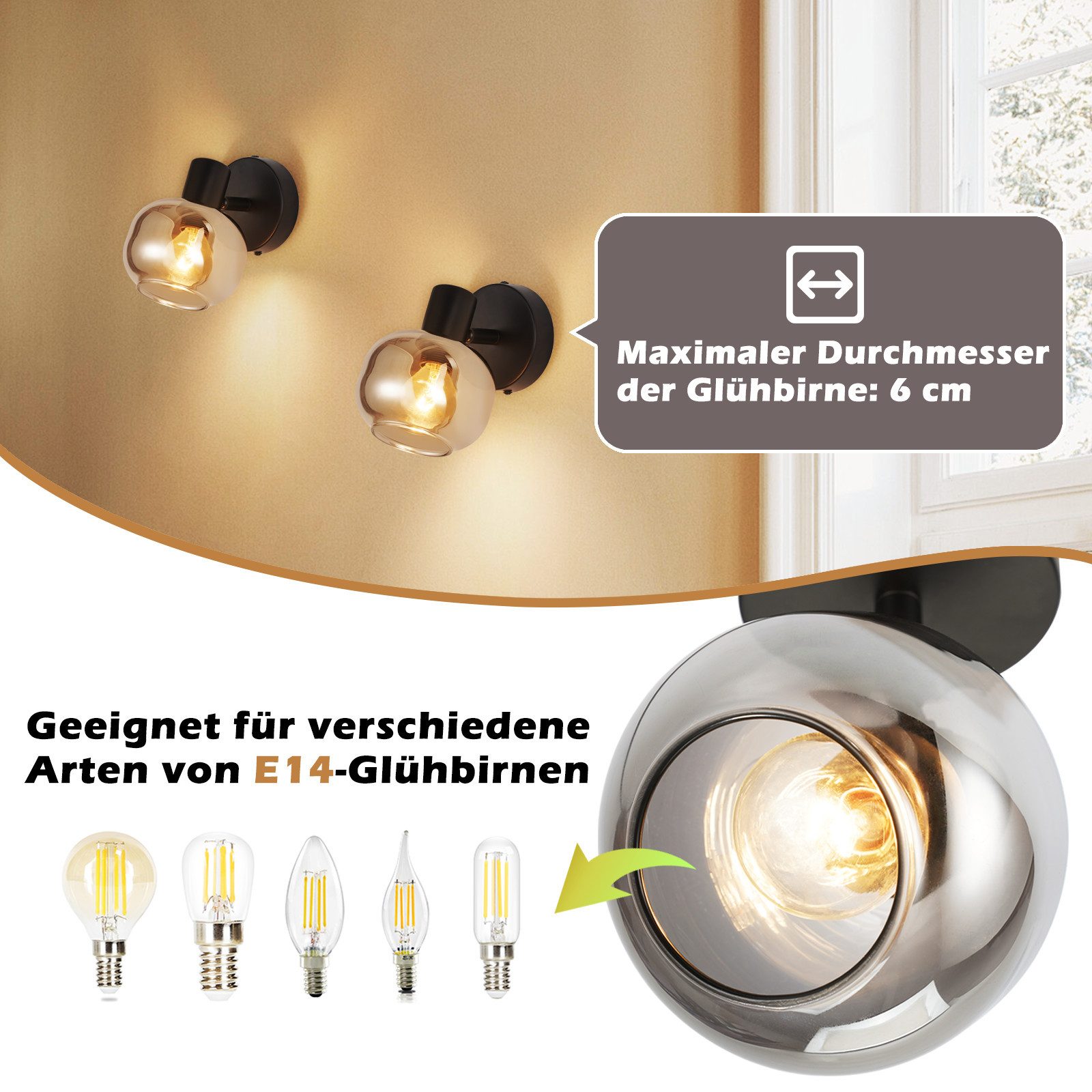 Nettlife Deckenstrahler Deckenstrahler Vintage Rauchgrau Glas E14, Schwenkbar 350°, LED wechselbar, für Wohnzimmer Schlafzimmer Küche Flur