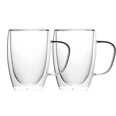 B&S Latte-Macchiato-Glas Thermogläser mit Henkel doppelwandig 2 x 350ml Tassen Borosilikatglas, Borosilikatglas, Henkel,Doppelwandig