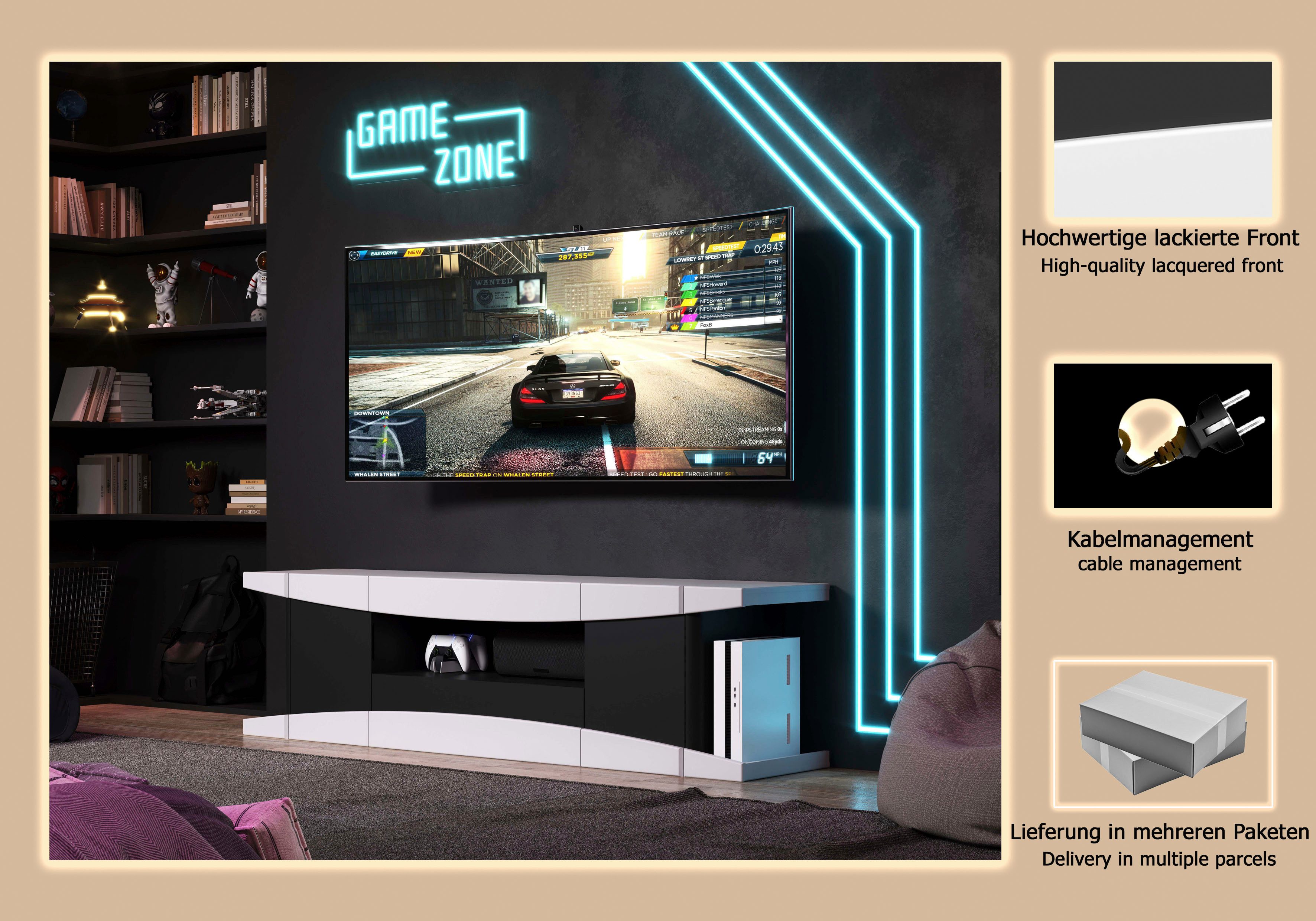 Home affaire Lowboard NextLevel speziell geeignet für Spielekonsolen, Gaming-Lowboard wahlweise mit Beleuchtung - (B/T/H) 180/42/52 cm