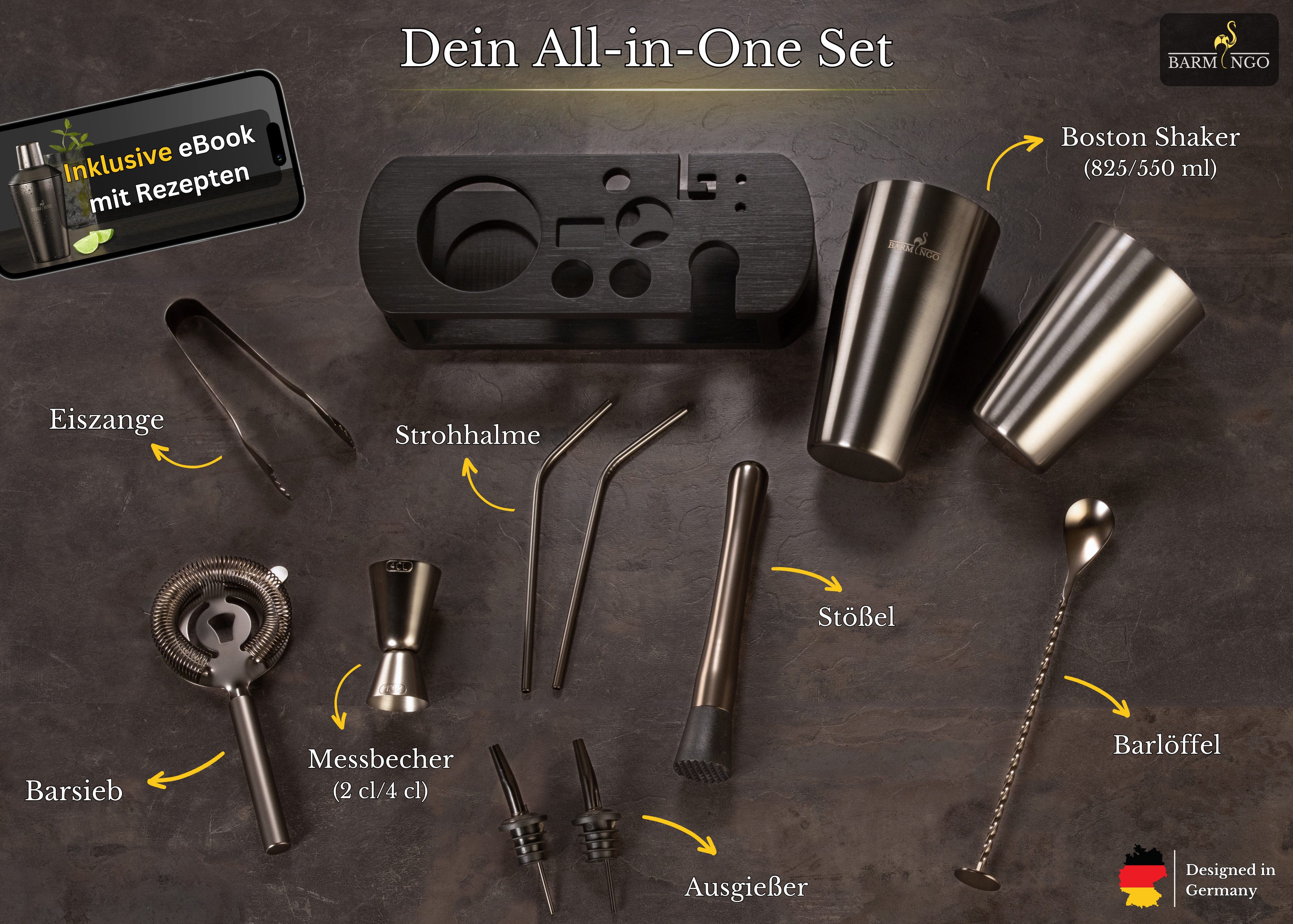 BARMINGO Cocktail-Set Edelstahl Boston Cocktail Shaker Set (825 ml) mit Bar Zubehör, (Cocktailshaker Set, 11-tlg., Für Profis und Anfänger), Cocktail Zubehör mit hochwertigem Bambusständer