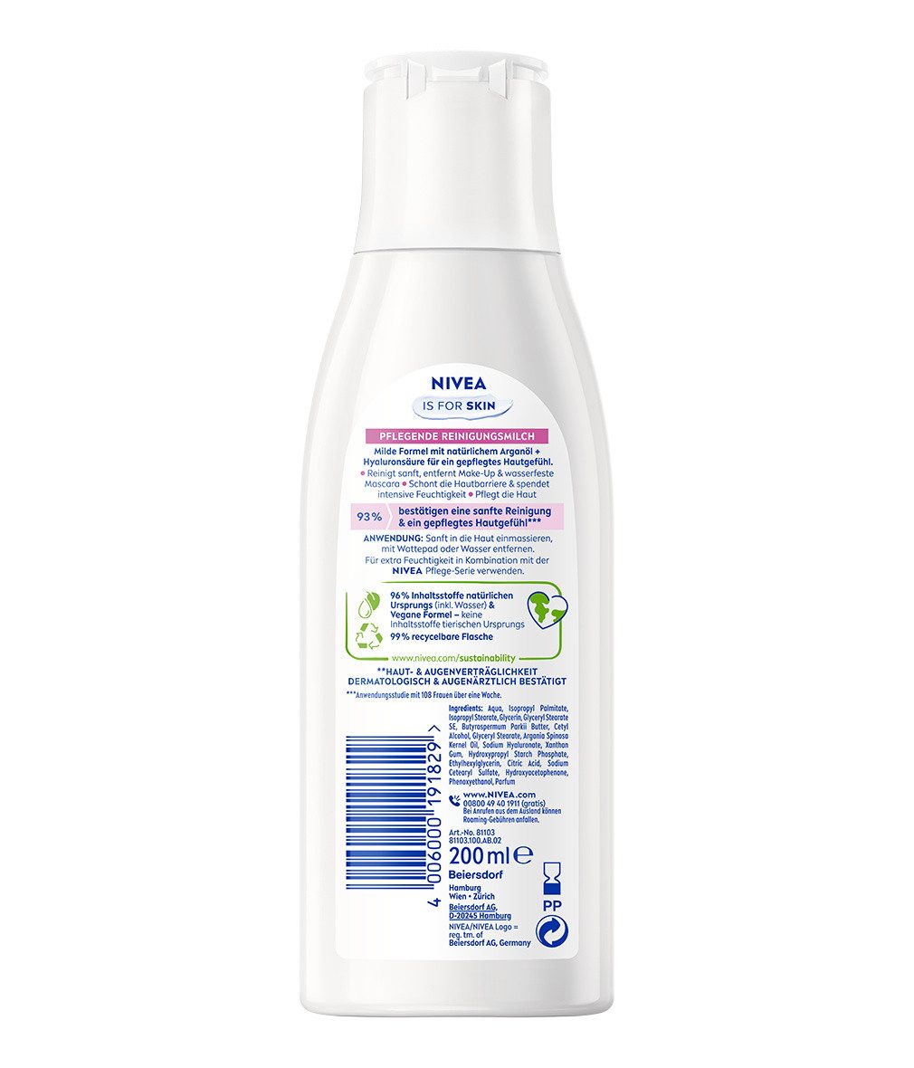 Nivea Gesichts-Reinigungsmilch Pflegende 3 x 200ml mit Arganöl und Hyaluronsäure, 3-tlg.