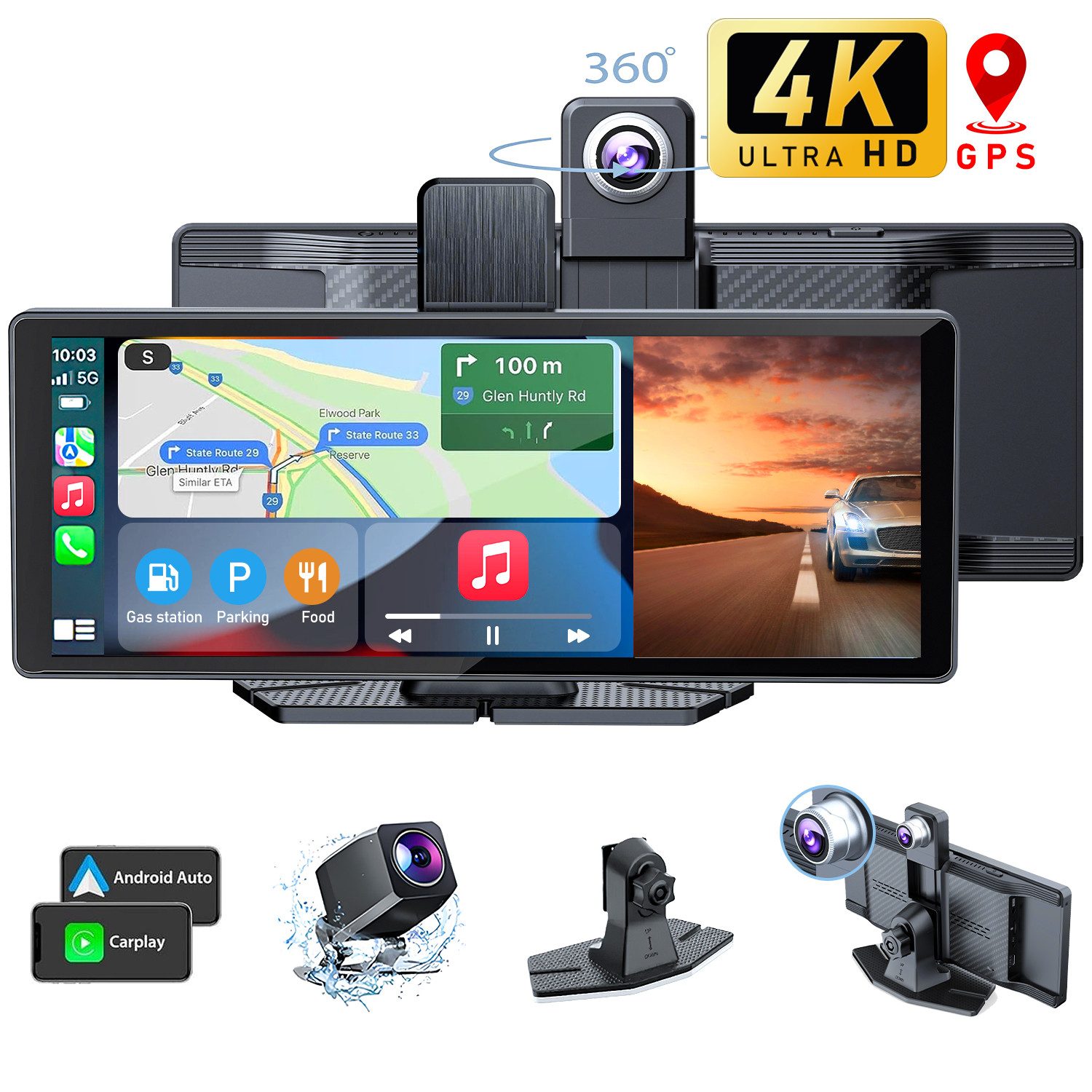 ibettertec Dashcam Auto, Autokamera,Kamera Carplay mit GPS Navigationsgerät Dashcam (1600*1600 HD, WLAN (Wi-Fi), apple carplay, Android Auto, GPS-Navigation,Car-Audio-Receiver,Sprachsteuerung, 10.26 Zoll,für Auto LKW PKW,Wohnmobil Auto-Stereo-Touchscreen)
