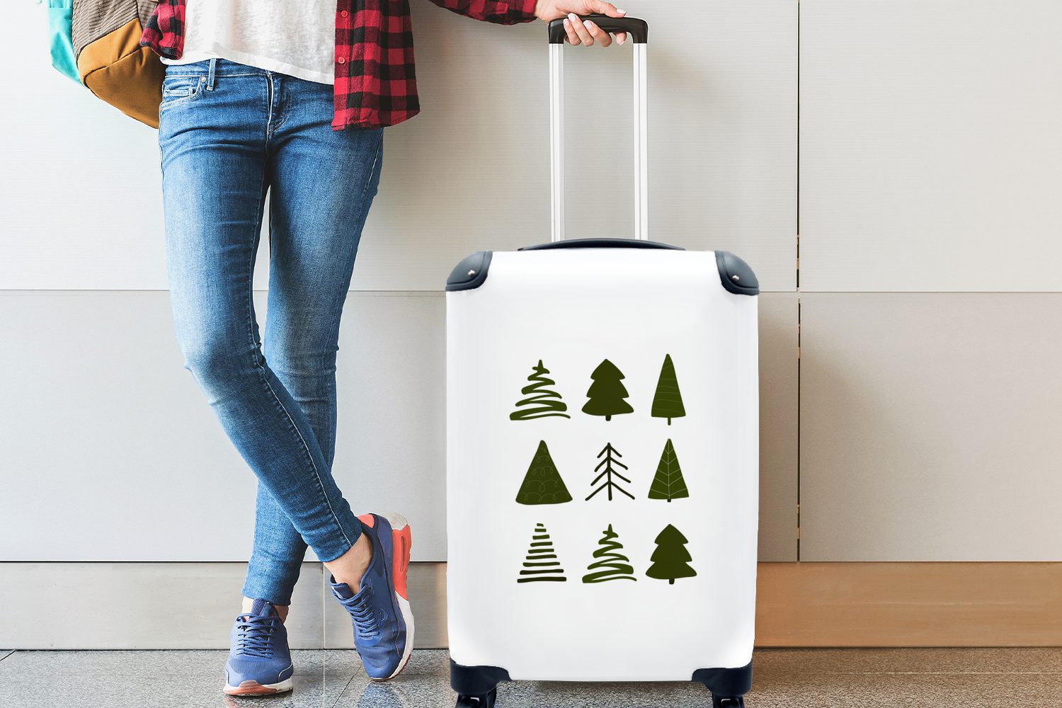 MuchoWow Handgepäckkoffer Weihnachtsbäume - Reisetasche Handgepäck weiß, Ferien, 4 Rollen, mit Schablonen für - Trolley, Reisekoffer rollen