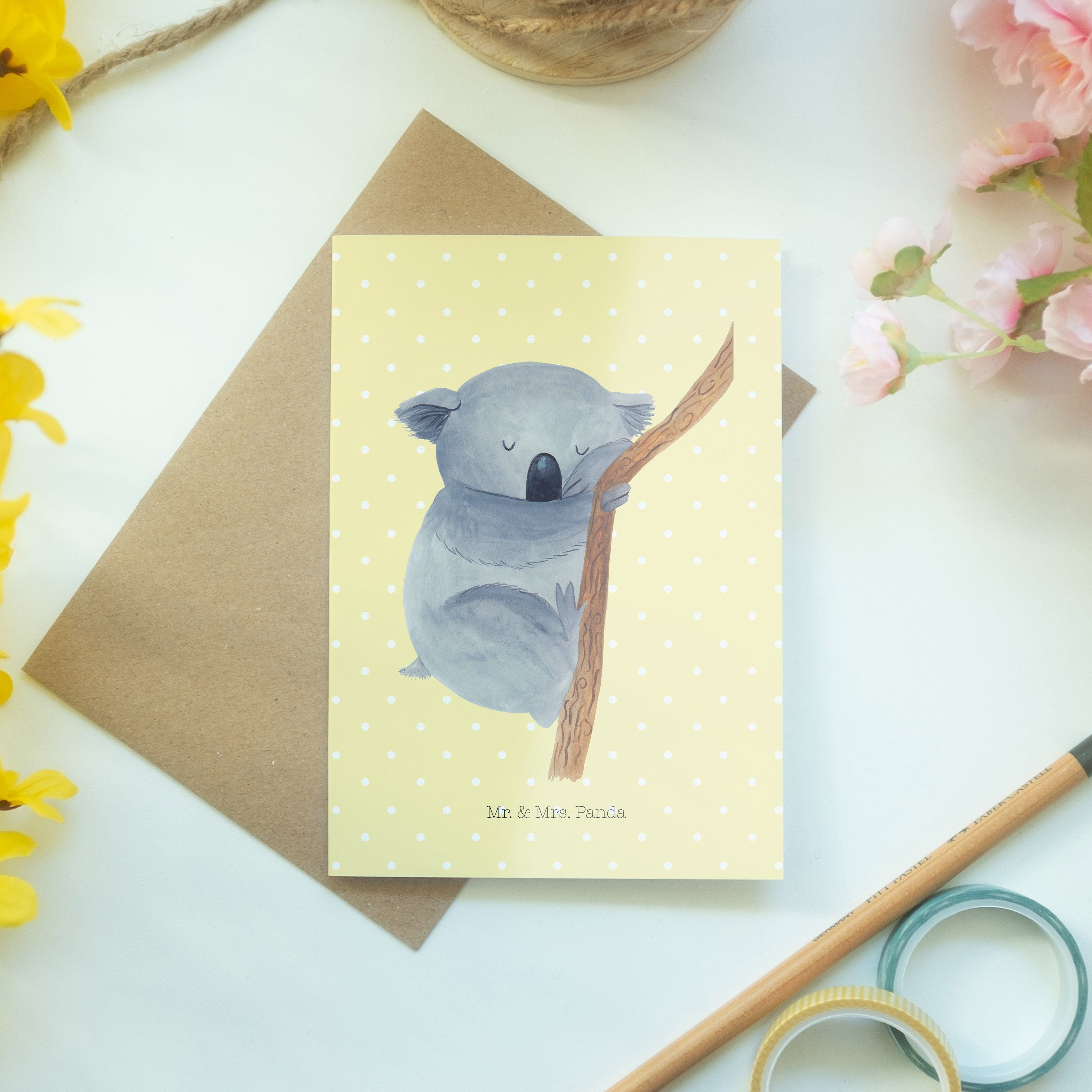 Mr. & Mrs. Panda - schlafen, Gelb Geburtstagskarte Pastell Geschenk, - Koalabär Grußkarte Tiere