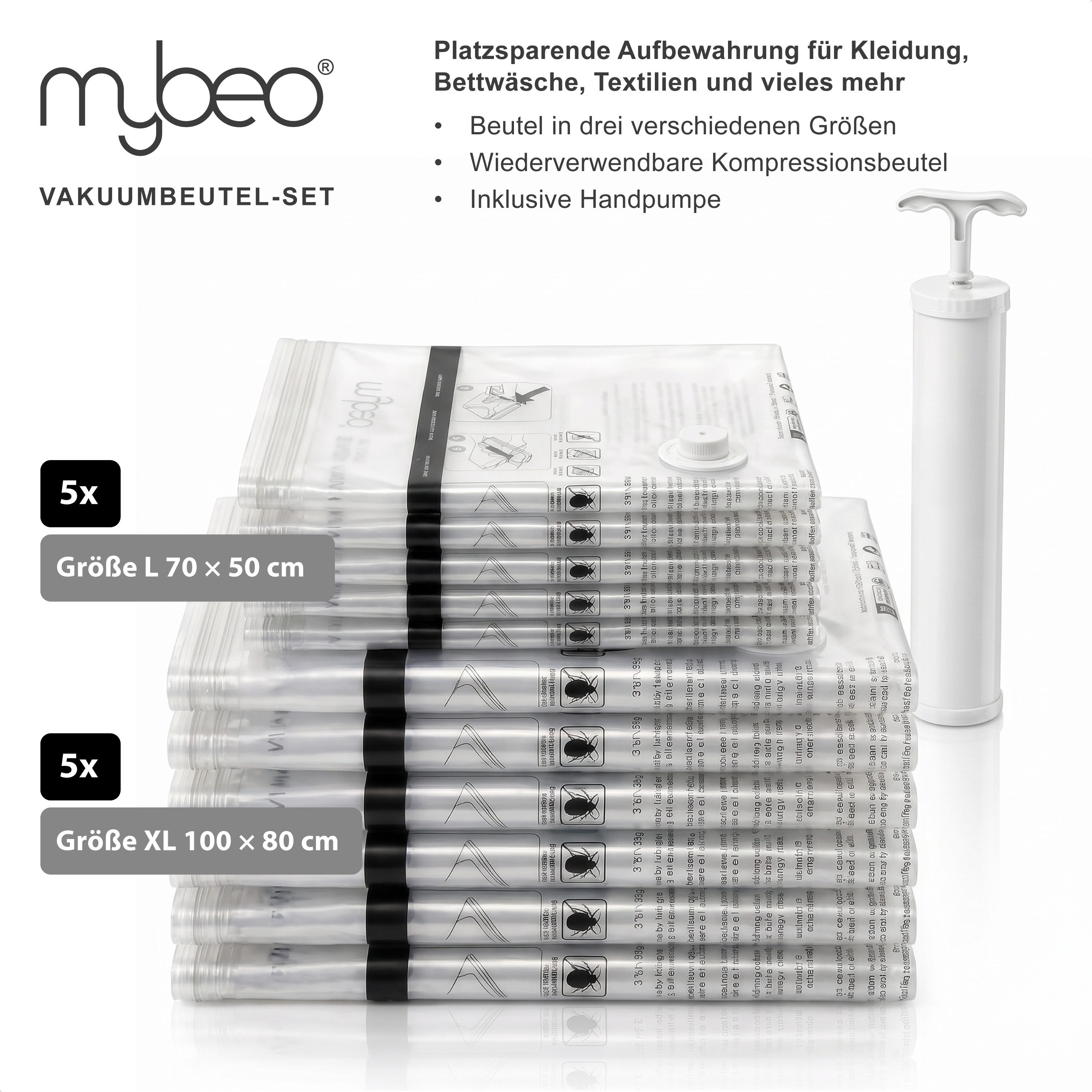 MyBeo Vakuumierbeutel 10x Vakuumbeutel, 2 Größen, Kompressionsbeutel, Aufbewahrungsbeutel, Platzsparend, Organizer für Kleidung, Bettwäsche, Bettdecken, Reise – Bild 2 von 5