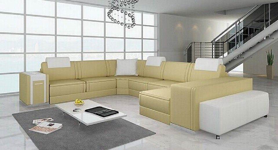 JVmoebel Ecksofa, Design Ecksofa Ledersofa Form Couch U Sofa Gelb/Weiß Wohnlandschaft Polster