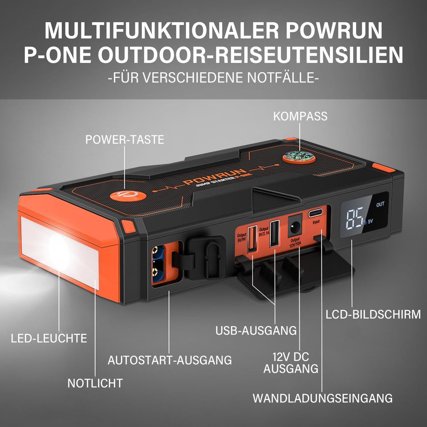 MOPUEA Car Jump Starter Power Bank 2000A 18000mAh Portable with LCD Car Battery Charger (18000 mA, Single Set, Jump Starter with Cable, USB-C, EVA Case, Manual, LCD Display, Power Bank, LED Lamp, IP65 Waterproof)