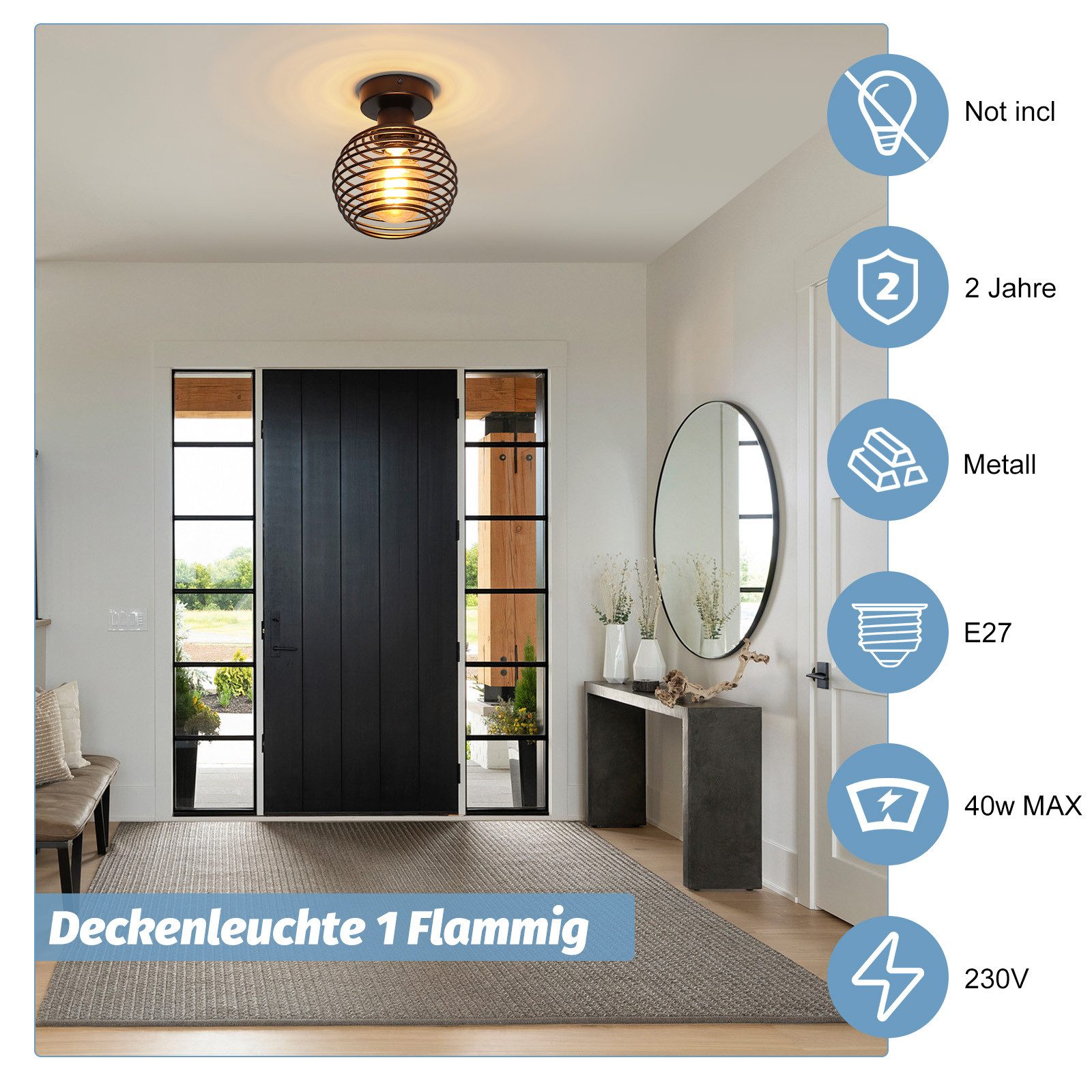 Nettlife Deckenleuchte Deckenleuchte Schwarz 2xE27 Metall Lampenschirm, LED günstig online kaufen