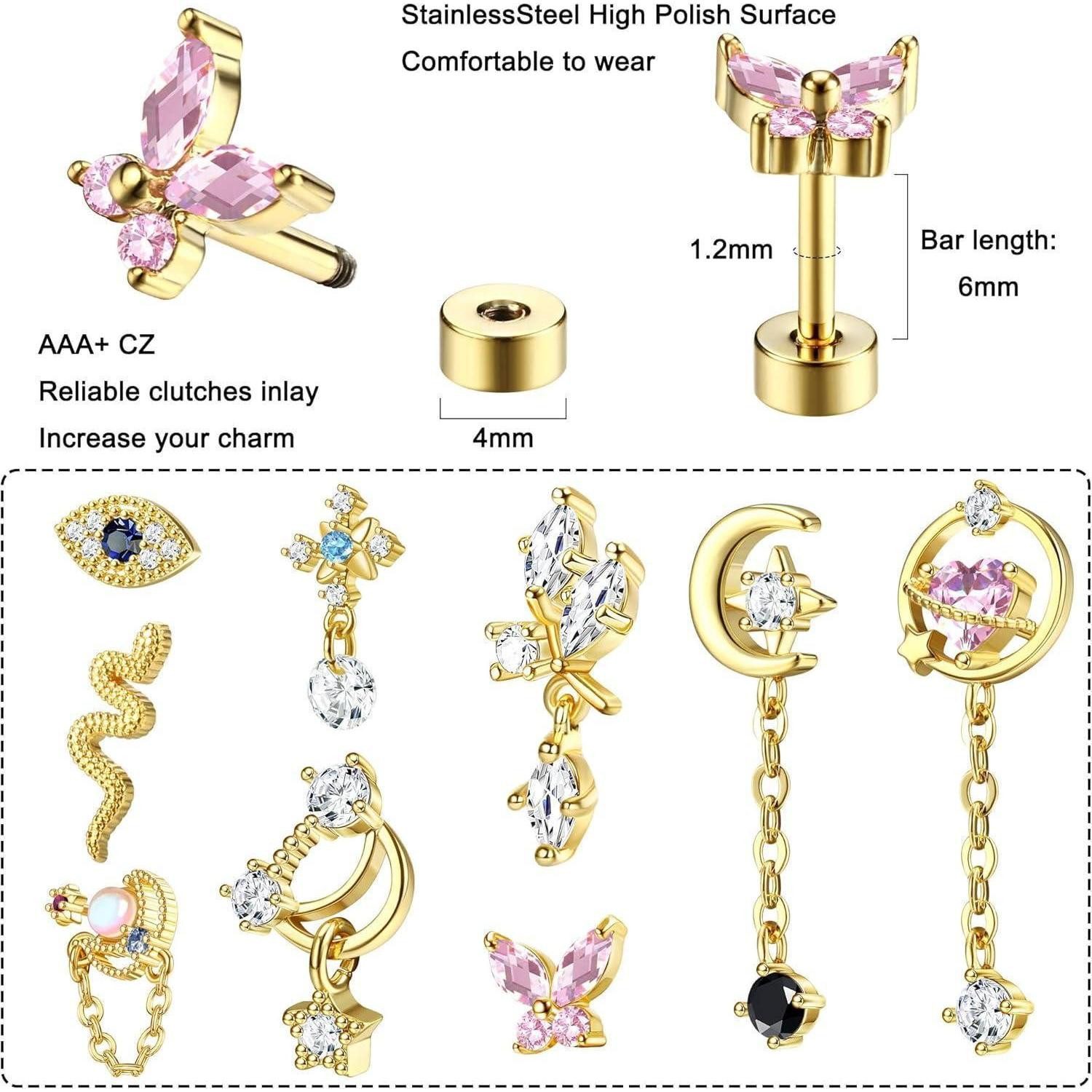 Kakonia Piercing-Set 9er Set Schmetterling Tragus Helix Piercings Gold Silber Roségold