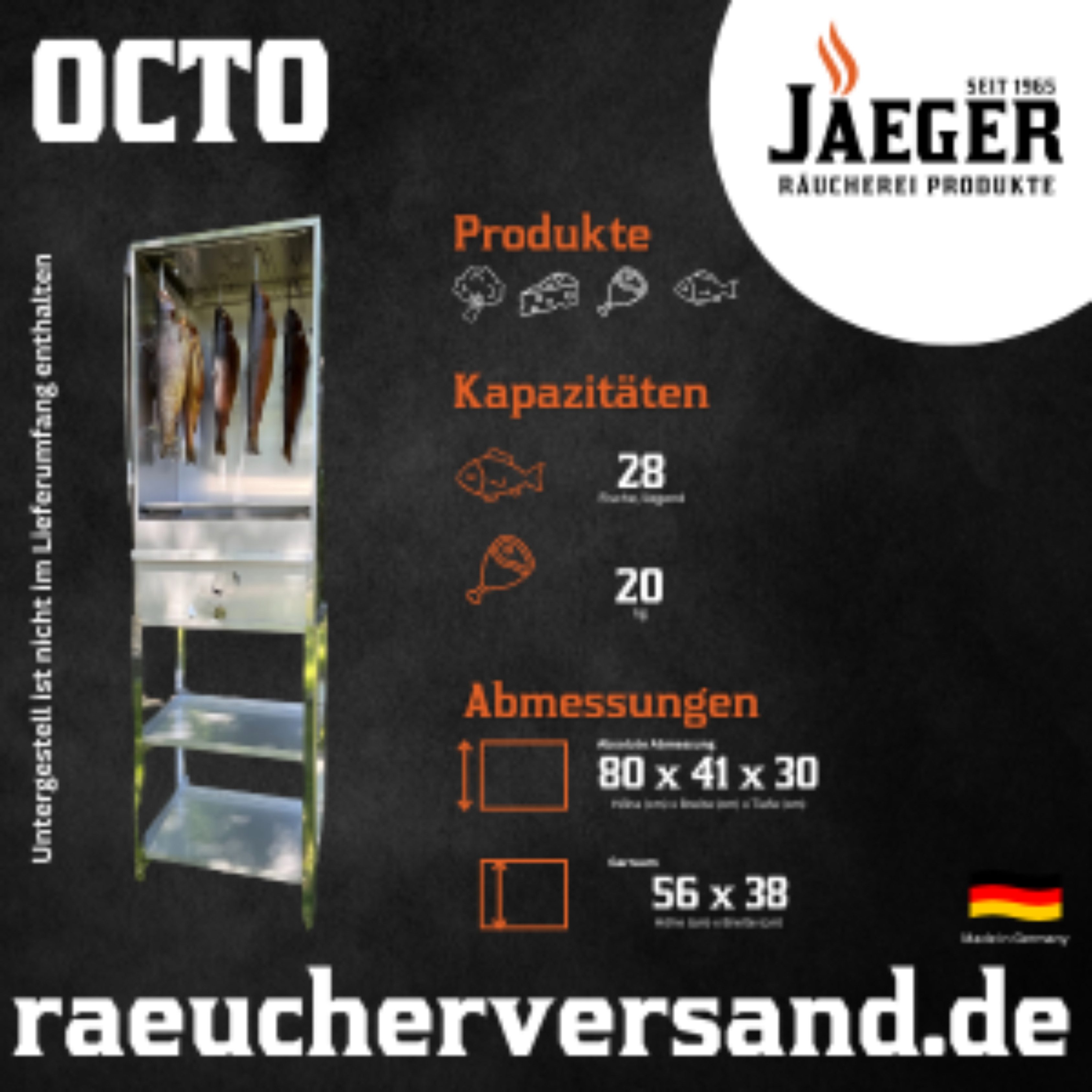 Jaeger Räuchereiprodukte Räucherofen OCTO Edelstahl 80x40x27 cm mit Thermometer & Lüftung, Flachrost, Glutkasten, Tropfblech, Thermometer 250°C, 500g Mehl