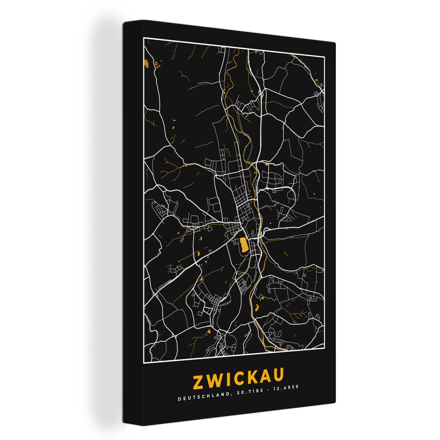 OneMillionCanvasses® Leinwandbild Stadtplan - Deutschland - Gold - Zwickau - Karte, (1 St), Leinwandbild fertig bespannt inkl. Zackenaufhänger, Gemälde, 20x30 cm