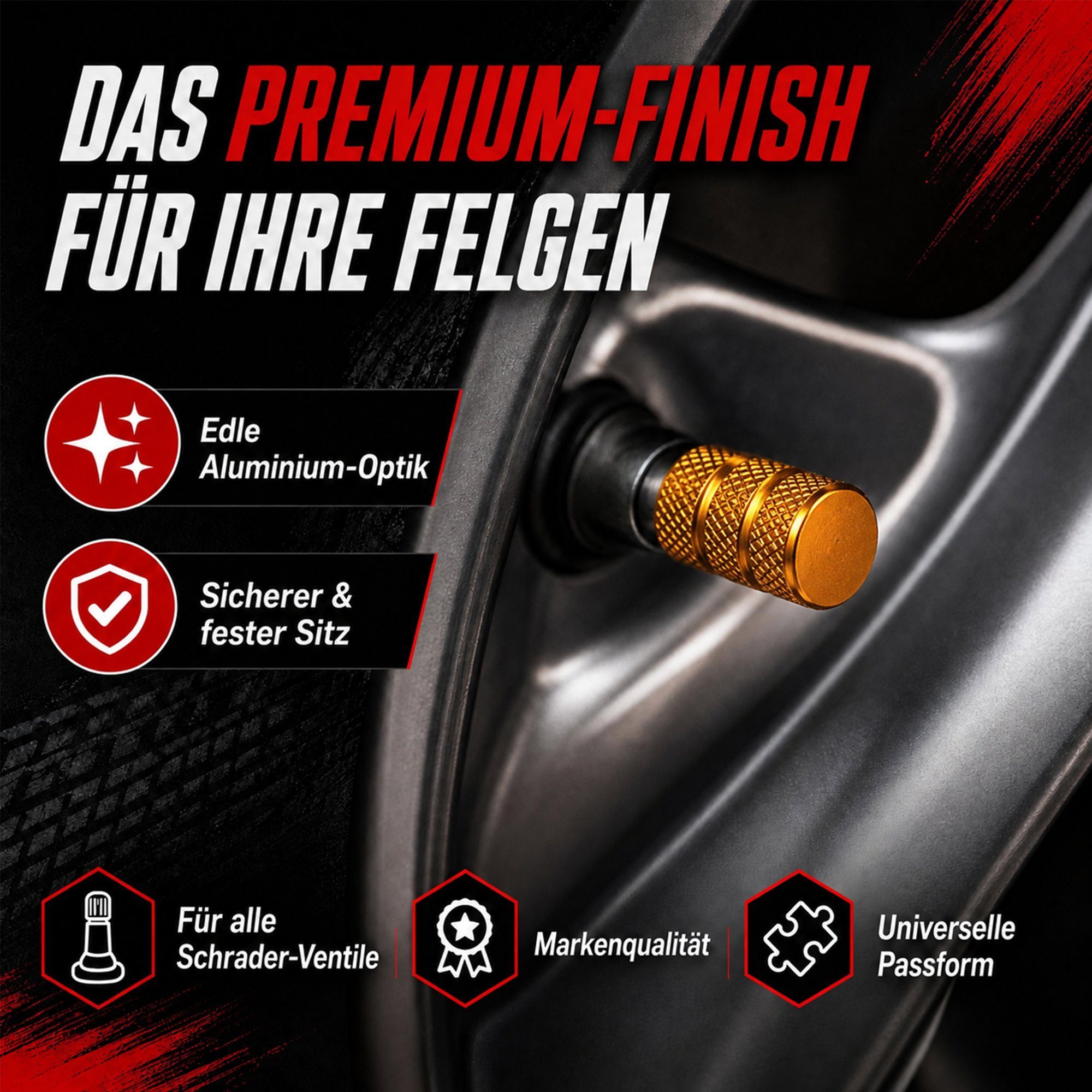 Pitlane Performance Ventilkappe Alu-Ventilkappen für Schrader-Ventile, (Ventilkappen-Set, 4-St., 4 Stück aus Aluminium), Korrosionsschutz und innenliegende Dich – Bild 2 von 5
