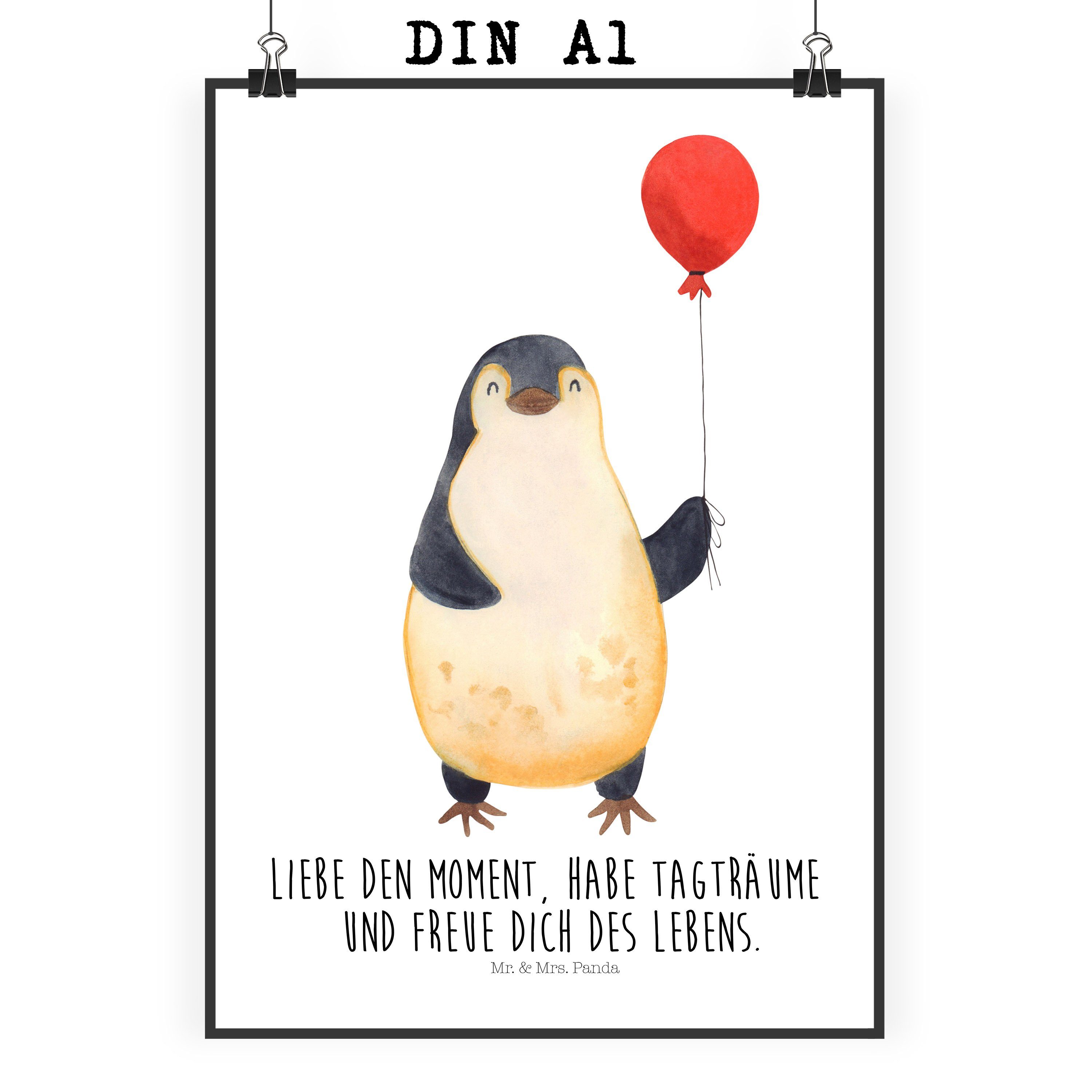 Mr. & Mrs. Panda Poster DIN A1 Pinguin Luftballon - Weiß - Geschenk, Bild, gute Laune, Wandde, Pinguin Luftballon (1 St), Edler Druck
