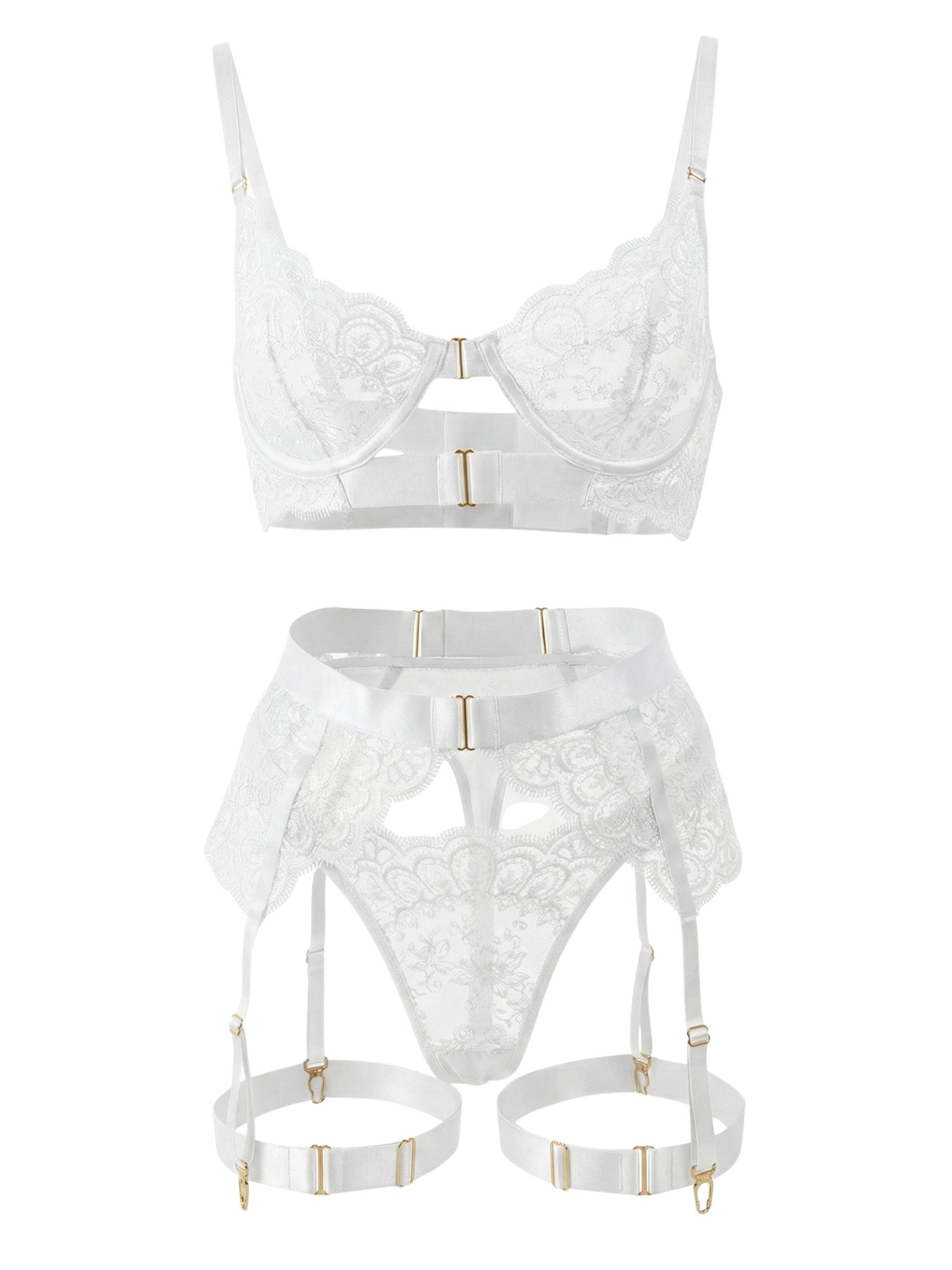 Elegant Love Set: Bügel-BH Damen-Dessous-Set aus bestickter Spitze – Lingerie mit Strumpfhalter (Set, 4-tlg., BH, Strumpfhaltergürtel, Tanga, Beingurt) Luxuriöse Reizwäsche – Sexy Unterwäsche mit goldenen Details