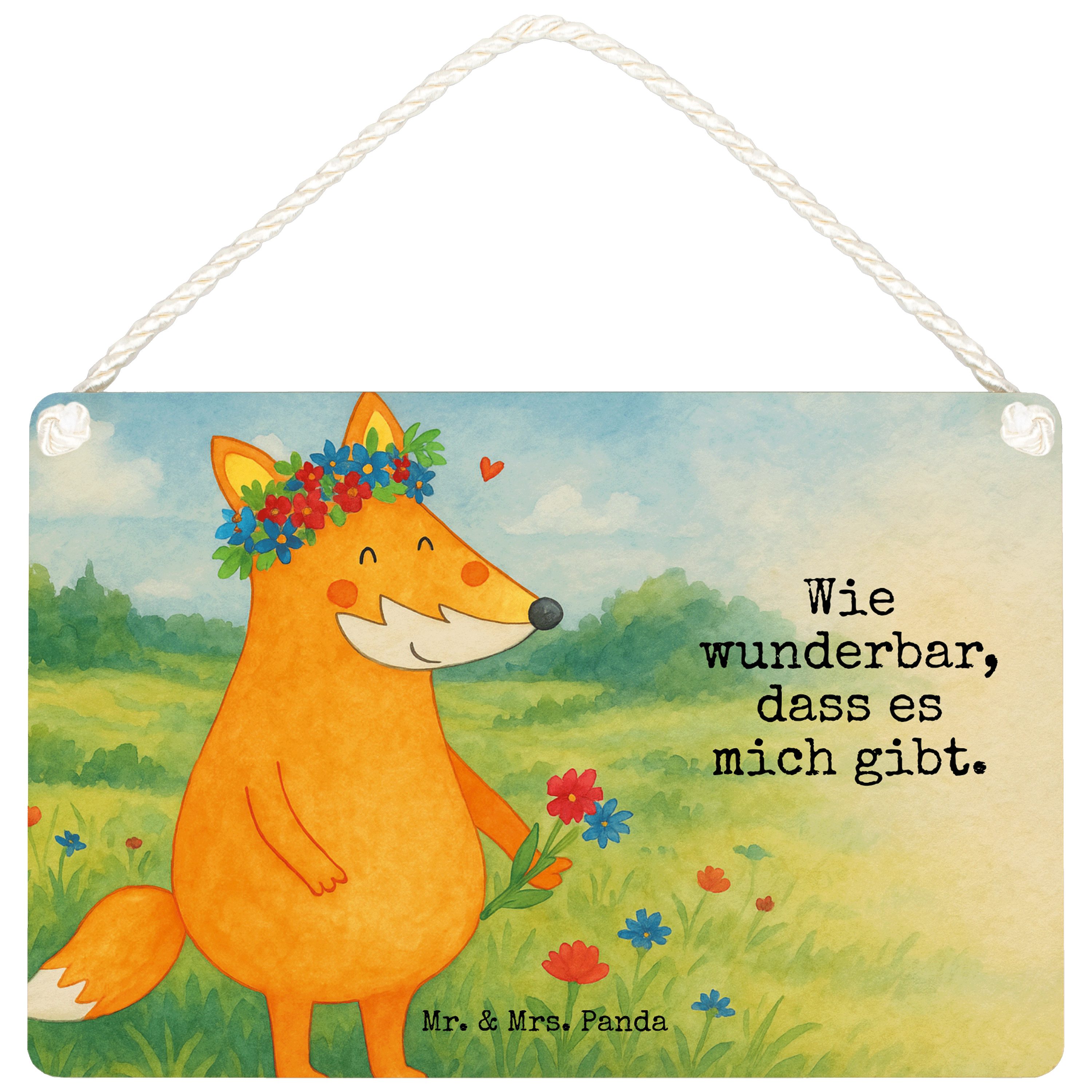 Mr. & Mrs. Panda Hinweisschild Fuchs Blumen Design, Schild DIN A6, Weiß, holzbild, Ich, Boho, Selbst, (Packung, 1 St)