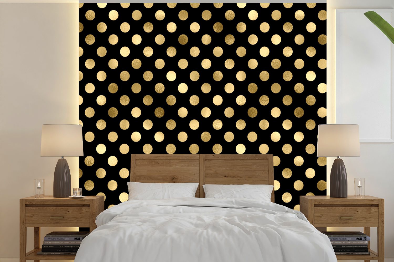 MuchoWow Fototapete Muster - Punkte - Gold, Matt, bedruckt, (5 St), Vinyl Tapete für Wohnzimmer oder Schlafzimmer, Wandtapete