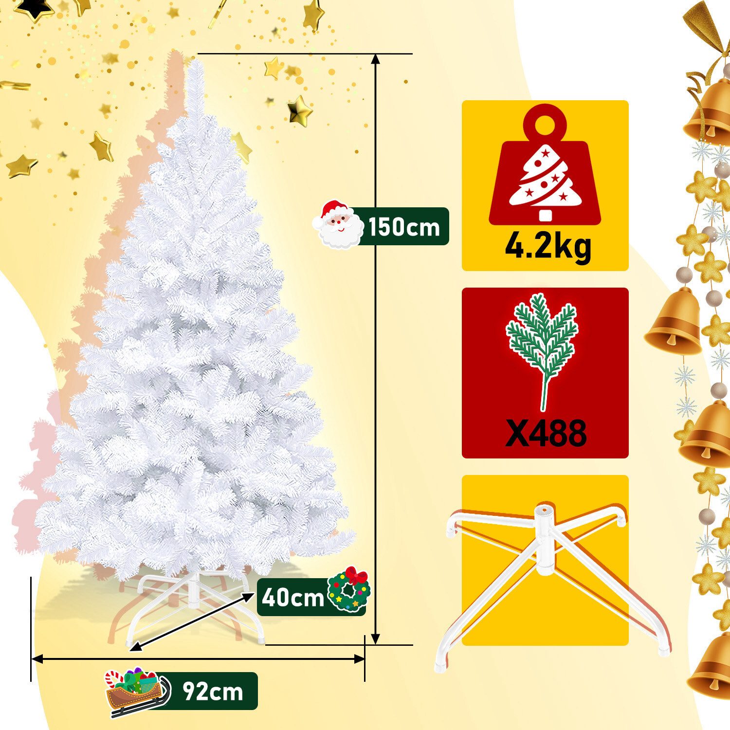 Clanmacy Künstlicher Weihnachtsbaum Christbaum mit Ständer, Schwer Entflammbar PVC Tannenbaum Grün/Weiß, Chinesische Tanne, DIY passende Dekoration – Bild 2 von 5