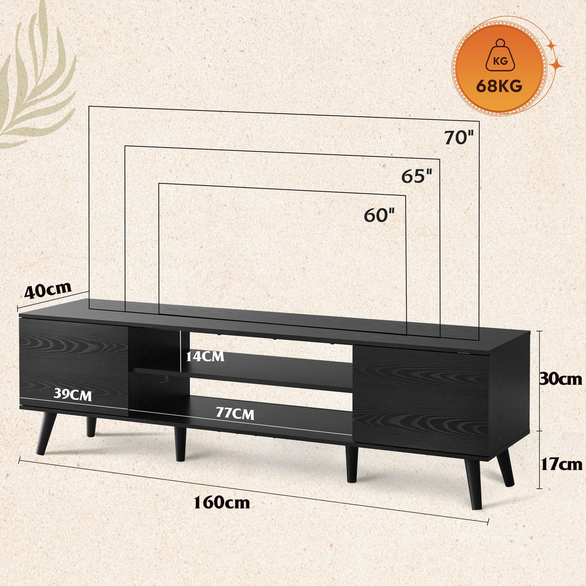 WLIVE TV-Schrank Lowboard mit 2 Türen, Fernsehschrank für Fernseher bis zu 55/60 Zoll, (160 cm lang) verstellbare Ablagen, für Wohnzimmer, Schlafzimmer