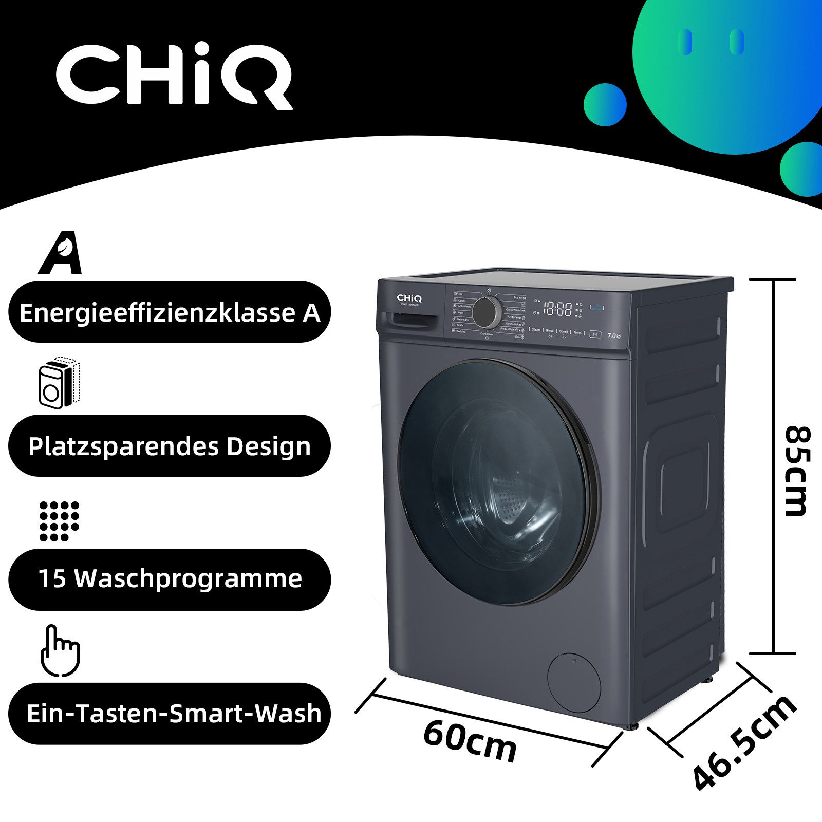 CHiQ Waschmaschine SPACE PRO CW07123863AX, 7 kg, 1200 U/min, Dampfsterilisation, 15-minütiger Schnellwaschgang
