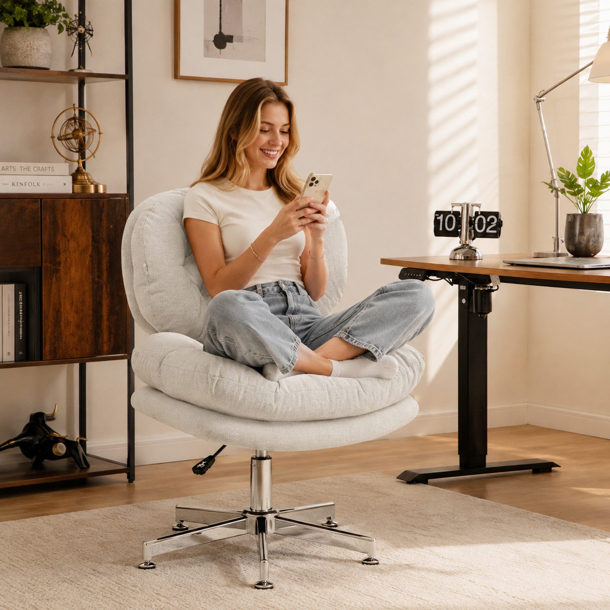 HOMCOM Bürostuhl Schreibtischstuhl breite Sitzfläche, Schneidersitz-Stuhl ergonomisch (Ergonomisch höhenverstellbarer Drehstuhl, 1 St), mit Leinenoptik, Schneidersitz-Stuhl für Homeoffice, Cremeweiß