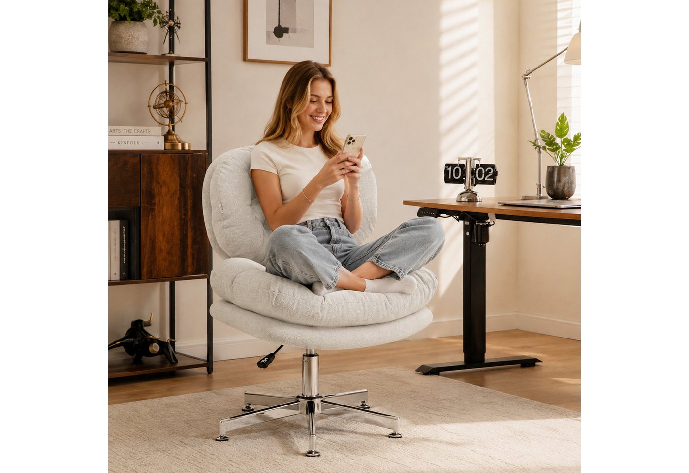HOMCOM Bürostuhl Schreibtischstuhl breite Sitzfläche, Schneidersitz-Stuhl ergonomisch (Ergonomisch höhenverstellbarer Drehstuhl, 1 St), mit Leinenoptik, Schneidersitz-Stuhl für Homeoffice, Cremeweiß