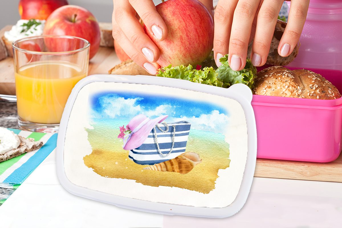 Brotdose - (2-tlg), rosa - Strand, Erwachsene, Brotbox Kunststoff, für Tasche Lunchbox Muschel Kunststoff - Kinder, MuchoWow Snackbox, Mädchen, Hut