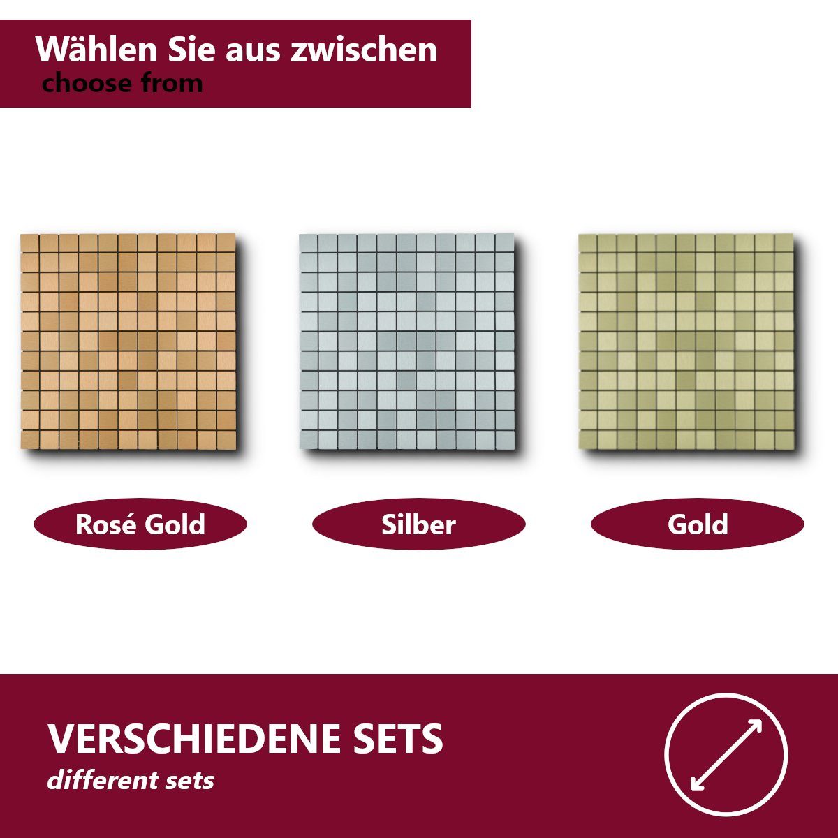 HOOZ Aluminiumoberfläche Farben, 30x30, 10-tlg, Set, Aluminium Fliesen verschiedenen 10x in Gold, Aluminium selbstklebende Wandfliese