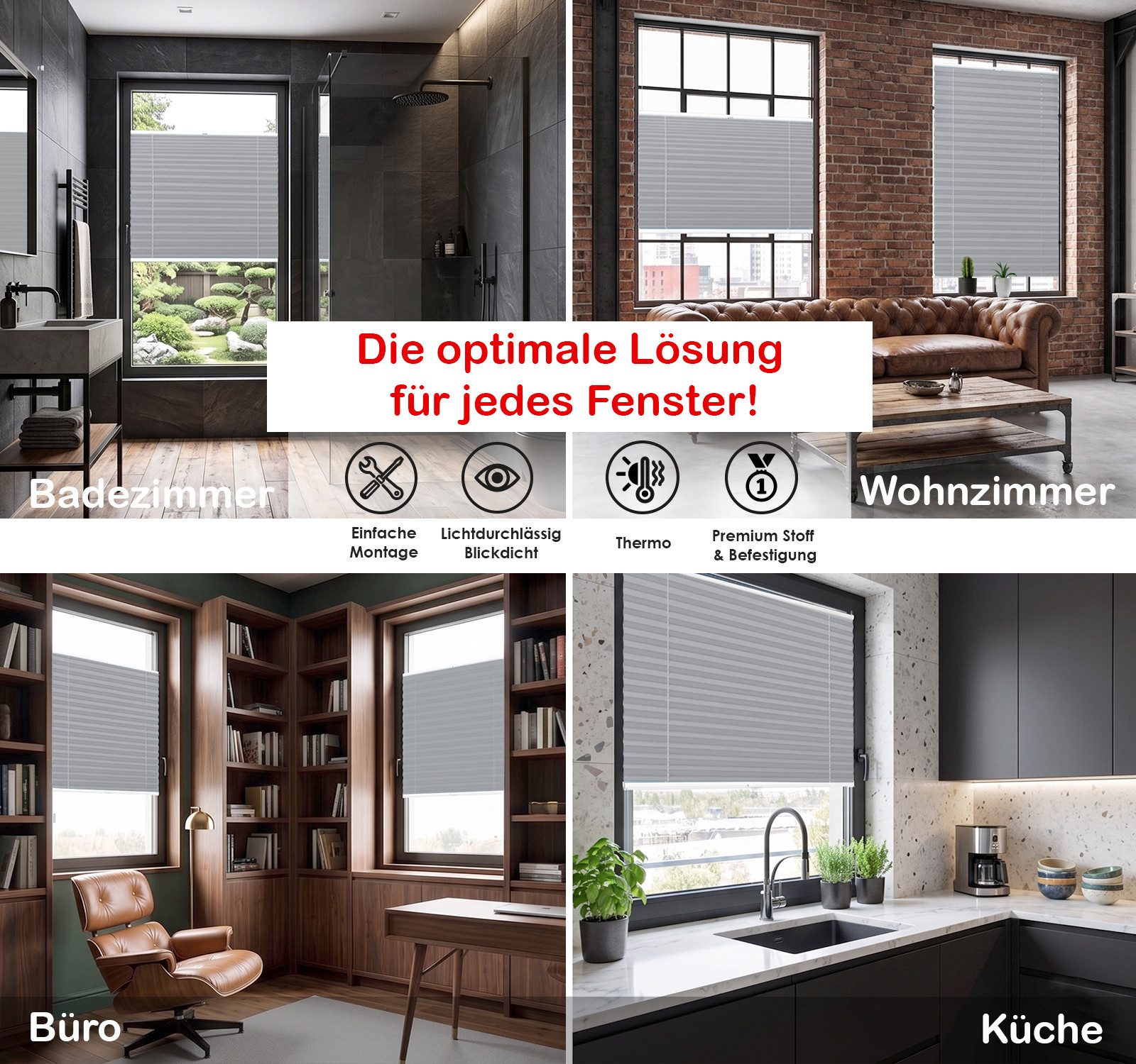 Rikmani Plissee Thermo Klemmfix ohne Bohren Grau 40x100 cm, blickdicht, Klemmfix, Thermo-Wärmeschutz, blickdicht, Stufenlos