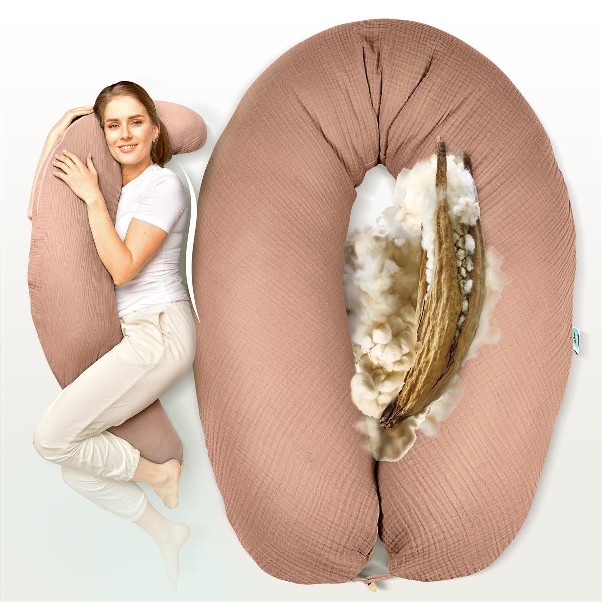 SEI Design Kapok-Füllung XXL 190x35 cm, Musselinbezug Bio-Baumwolle, ergonomisch, Schwangerschaftskissen mit Bezug, Seitenschläferkissen mit Kapok-Füllung, 100% Naturkissen, Musselin-Bezug aus Bio-Baumwolle