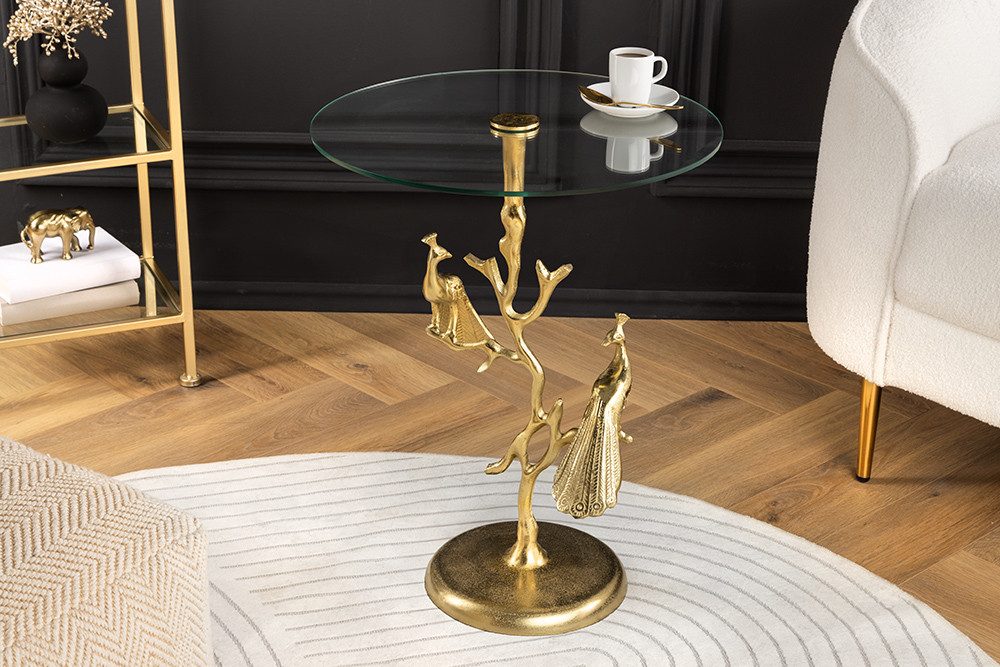 riess-ambiente Beistelltisch WILDLIFE PEACOCK 60cm gold / transparent · Wohnzimmertisch aus Metall (Einzelartikel, 1-St), mit Glas-Tischplatte · rund · handmade · Pfauen-Skulptur · Design