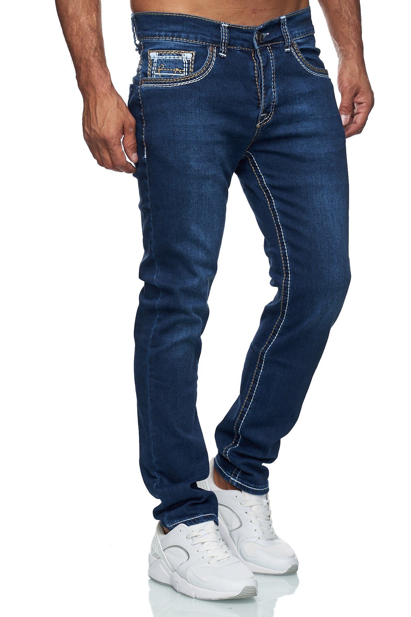 wirklich mögen Baxboy Regular-fit-Jeans Herren Dicke Neon-Naht 9574 Denim Stonewashed Stretch Straight DunkelBlau Jeans Fit