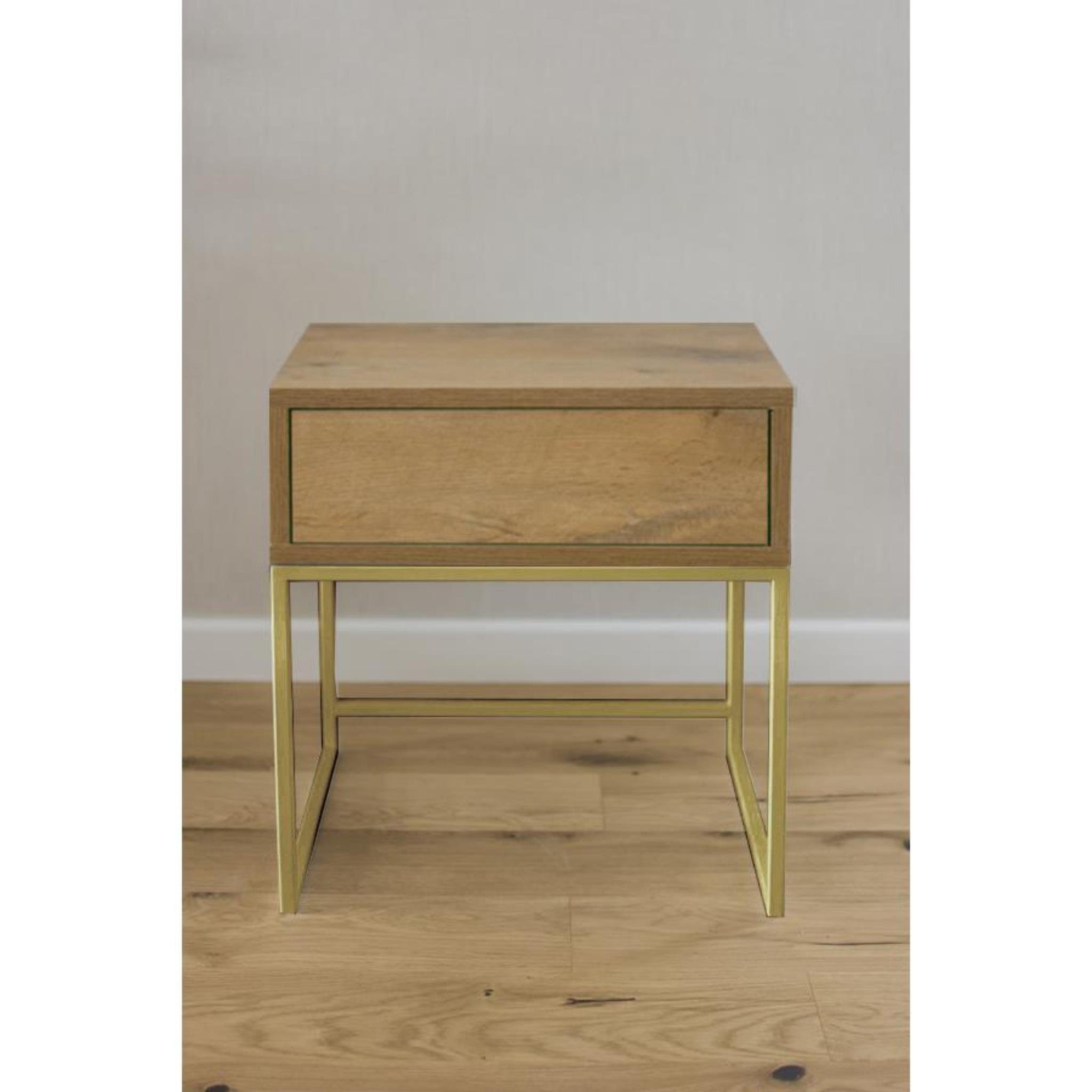 Beautysofa Nachttisch Kerry (Metallgestell, Holztischplatte), modernes Tisch mit Schublade 45x50x35 cm (BxHxT) Eiche Wotan | Goldenfarbig