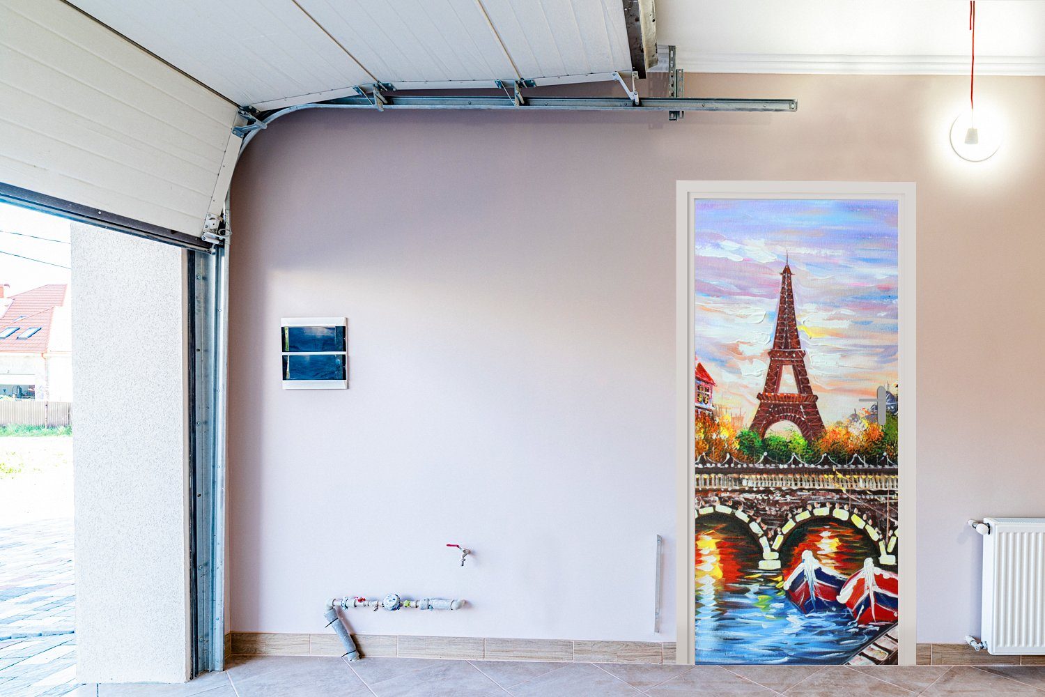 - bedruckt, - - Wasser, Paris Gemälde cm (1 für Eiffelturm 75x205 Fototapete St), - MuchoWow Türtapete Tür, Öl Matt, Türaufkleber,