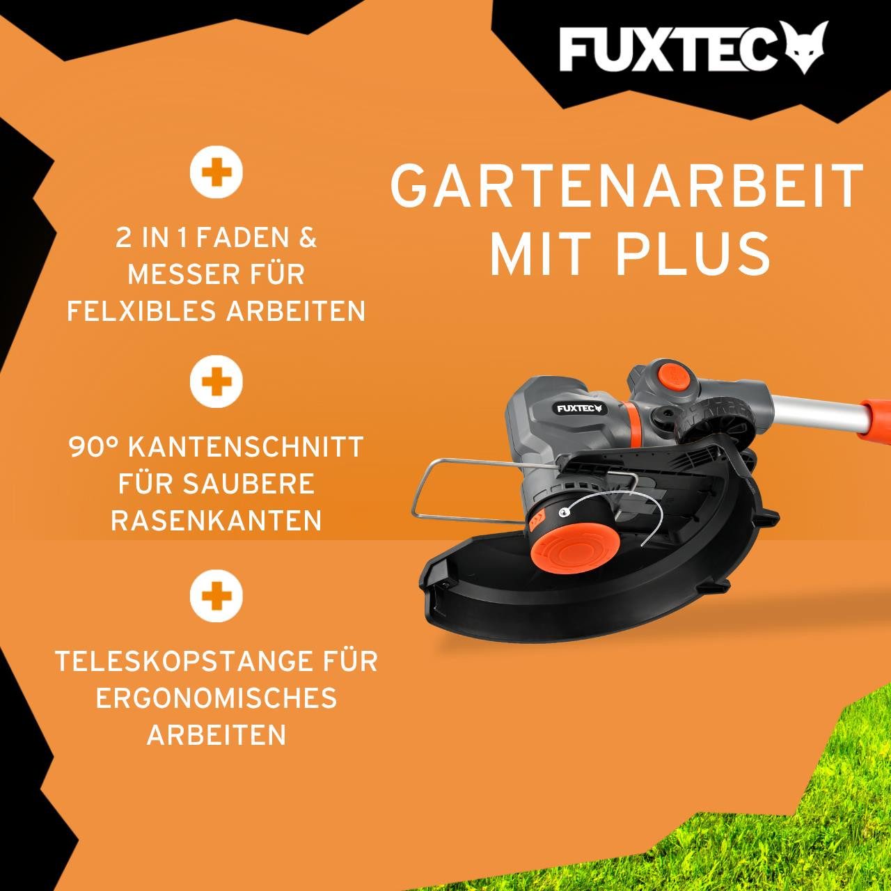 FUXTEC Akku-Motorsense FX-E1RT20PROSET, 28 cm Arbeitsbreite Messer, drehbarer Schneidkopf, Teleskopstiel, Faden- und Messer
