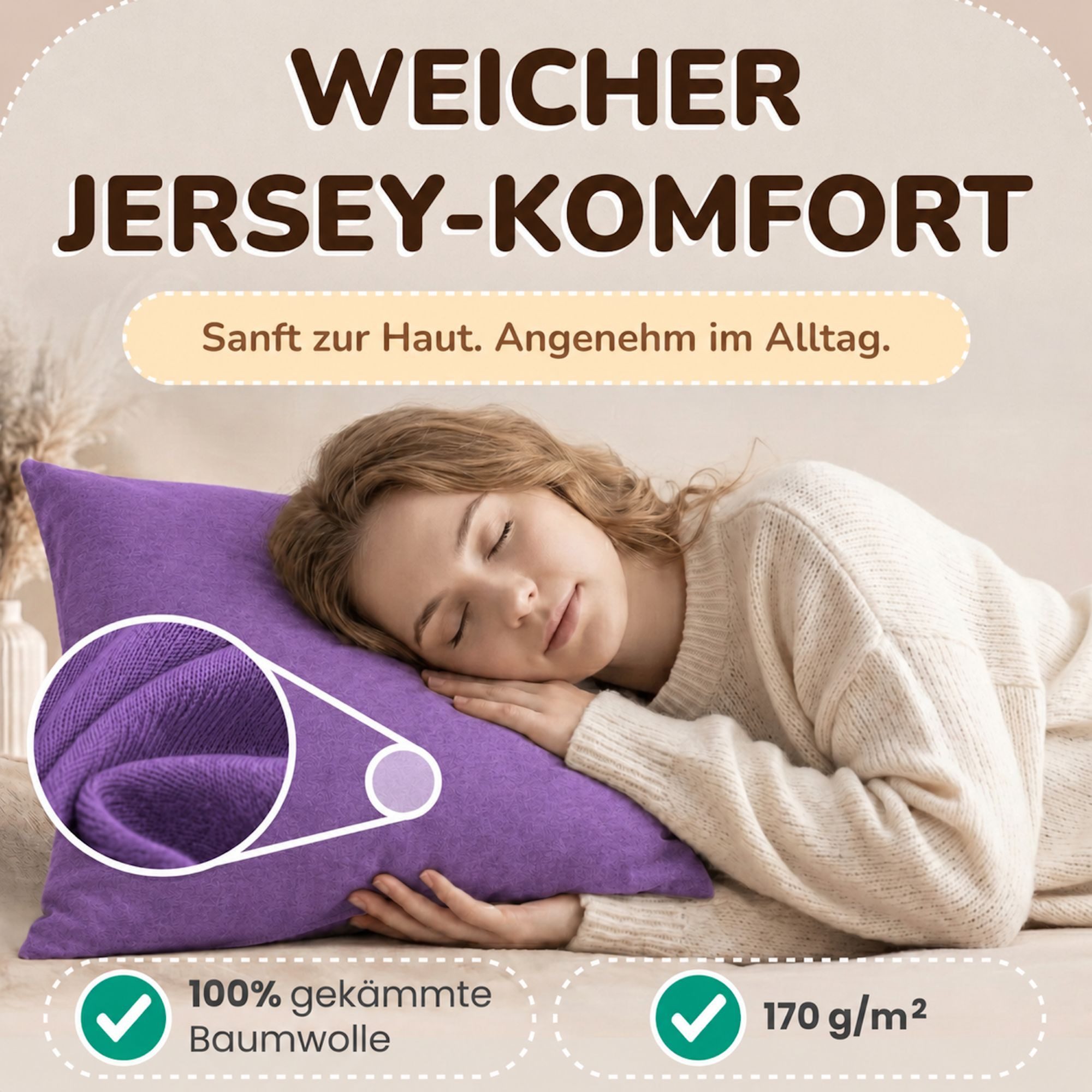 leevitex® Kissenbezüge Kissenbezug 40 x 40 cm, 2er Set, Lila/Pflaume, (2 Stück), feine Jersey-Qualität, 100% Baumwolle, robuster Reißverschluss