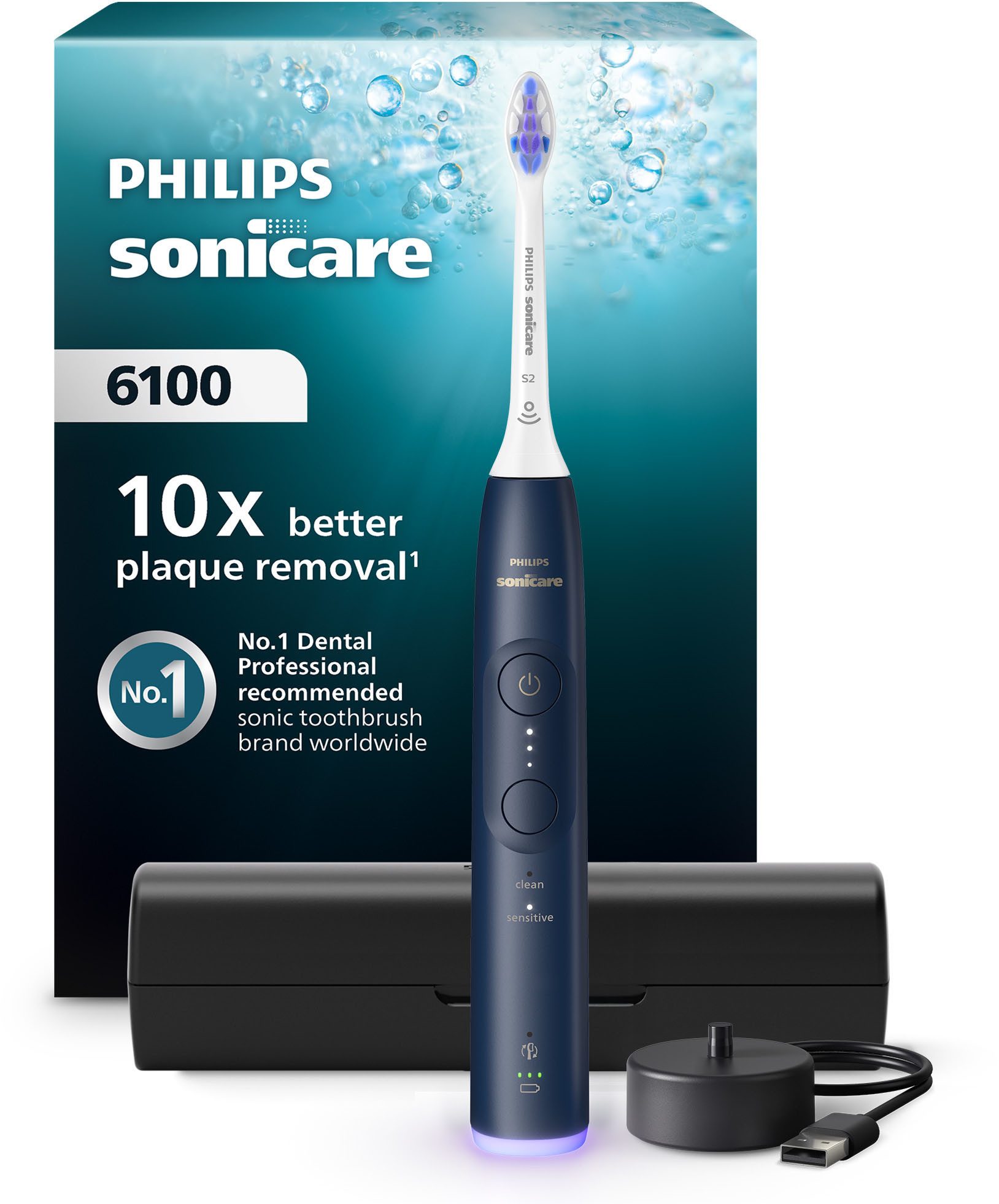 Philips Sonicare Elektrische Zahnbürste Series 6100, Aufsteckbürsten: 1 St., mit Andruckkontrolle, 2 Putzeinstellungen und 3 Intensitätsstufen