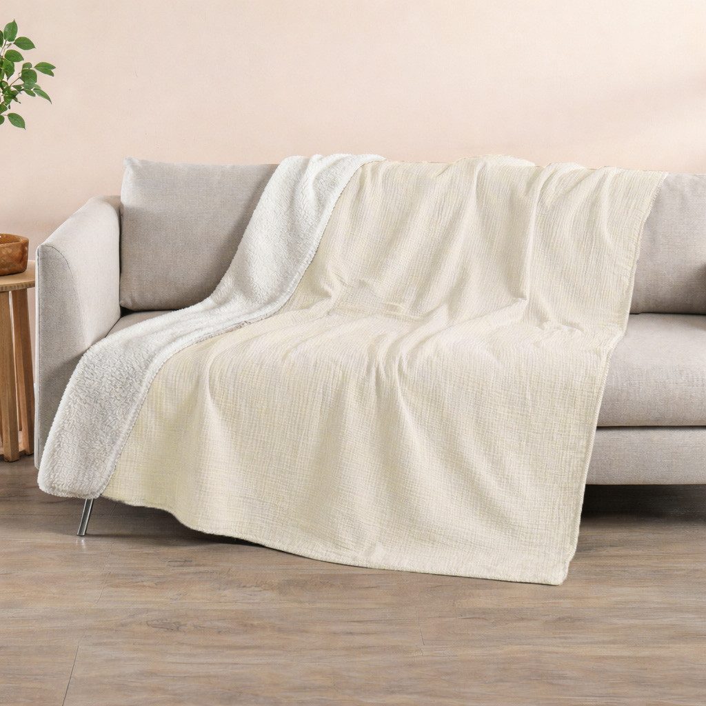 Home Creation Tagesdecke Musselin Decke 130x180 cm, Kuscheldecke aus Baumwolle & Fleece, weich, atmungsaktiv, flauschig, Wohndecke für Sofa, Bett